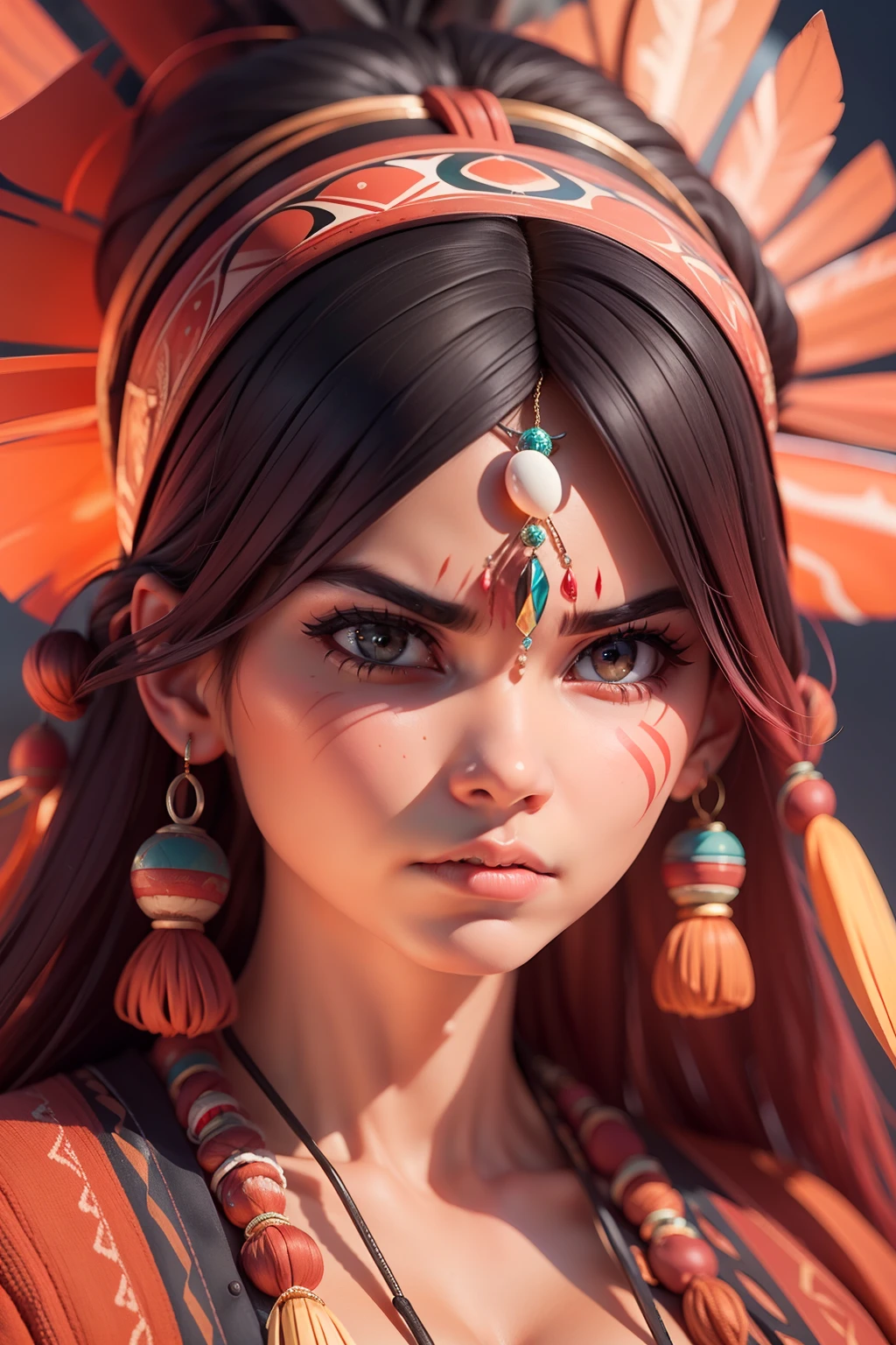 An angry indigenous woman, cabelos vermelhos longos , rosto muito bonito, imagem alto detalhe, simetria, Arte de Fantasia,fundo luminoso,alta qualidade.fantasia