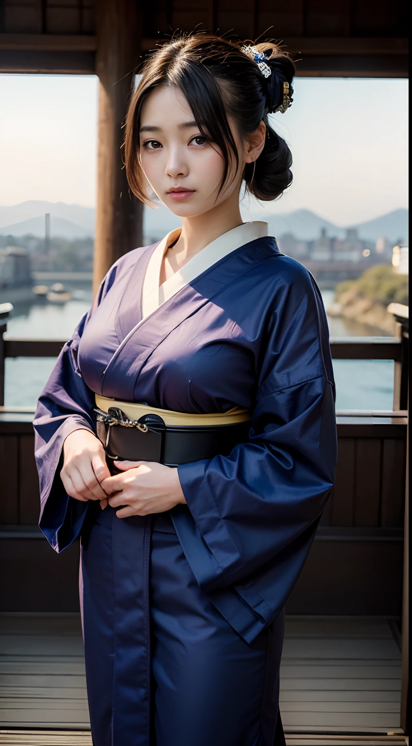((top-quality、32K、masterpiece:1.3、foco nítido:1.3))、1girl in、Pretty Japan Girl、with round face、a baby face、Young Face、A dark-haired、Black eyes、Detailed eyes and iris、Highly detailed facial and skin texture、hairstyle on((Japan hair、Edo period hairstyles))、Beautiful Japan kimono、Background with((in the edo era、Japan Bridge、Edo Castle))、Girl's body type(Sensual body lines、Feminine body line、Colossal tits)