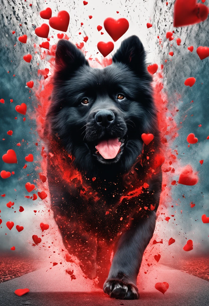 red heart exploding and coming out of it a black chow chow dog