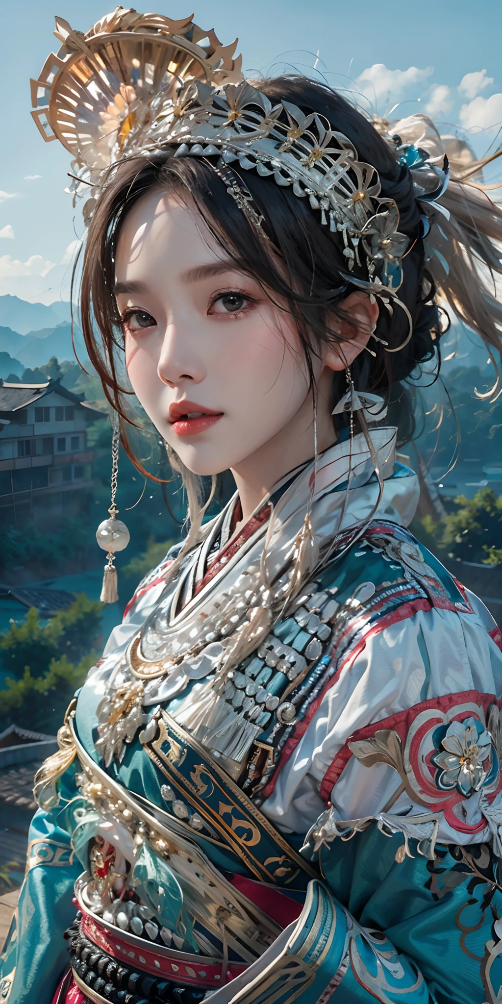 photorealistic, high resolution, soft light,1women, solo, hips up, shining skin, (detailed face), plateau,blue sky,rice fields,extreme detailed,torogao, hmong clothes, crown