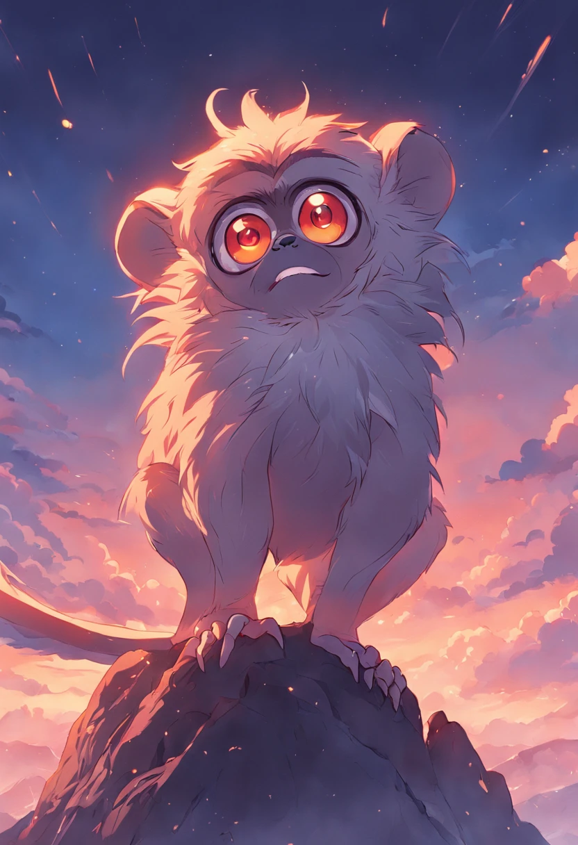 A furry monkey,big eyes, standing on the top of a mountain,staring at sky, SNES painting