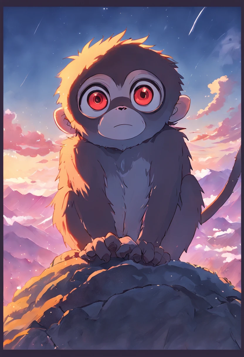 A furry monkey，big eyes, standing on the top of a mountain，staring at sky, SNES painting
