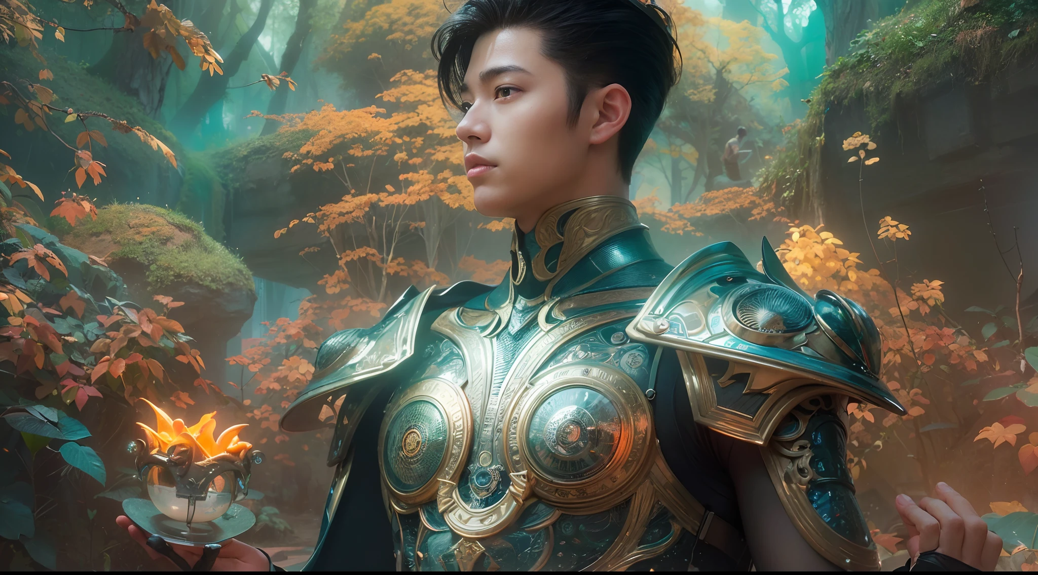 1boy, photo of very very handsome suave smiling young 25-year-old male Chinese prince, clothed in futuristic cybernetic armor, wearing a large futuristic crown, walking in an ethereal enchanted forest with neon glowing flowers and a rainbow in the sky, sci-fi, intricate, neon light, ((perfect face)), ((perfect hands)), ((perfect body)), ((correct anatomy)), ((ultra-realistic)), ((8k, UHD)), highly detailed, digital painting, artstation, concept art, human anatomy, soft light, smooth, illustration, art by tian zi and craig mullins and WLOP and alphonse mucha