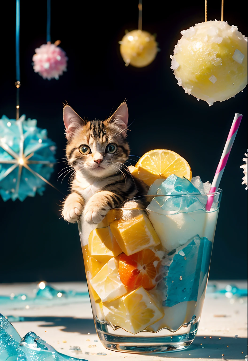 ​masterpiece、top-quality、top-quality、Colorful cute kitten design with illustration、Eat shaved ice、ighly detailed、colourfull、highestdetailed、Wide range of shots、gorgeous colors、grains of sugar、kirakira、Colorful colors of bright ice、Image-like backgrounds、Fun bright atmosphere、Colorful fruits flying around shaved ice