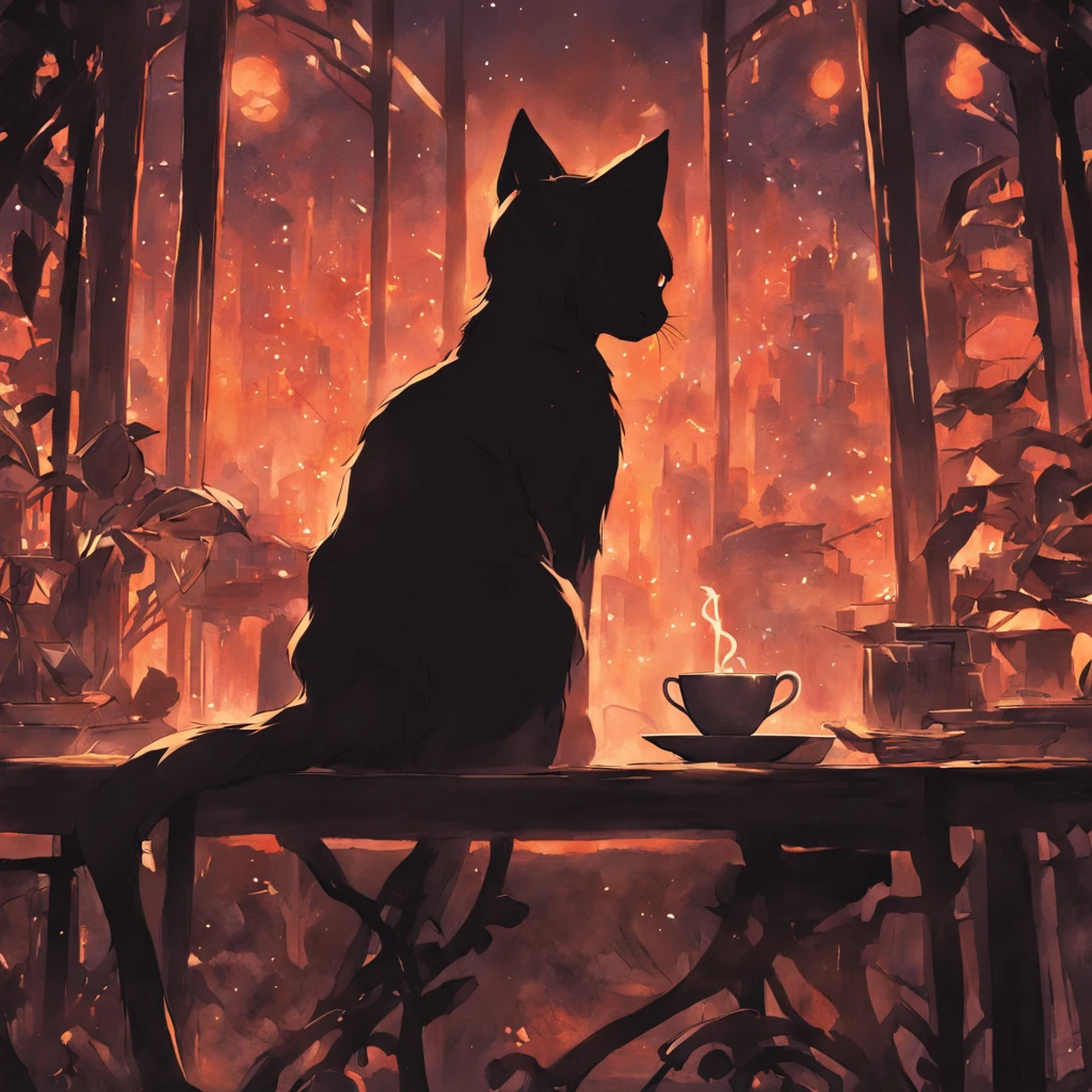2D vector illustration, T-shirt design, cat silhouette trowing a coffee cup off the table
