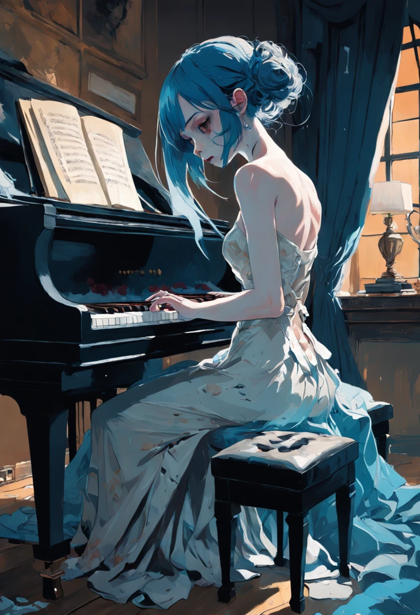 A man playing the piano. In the style of Adrian Ghenie, Esao Andrews, Jenny Saville, Edward Hopper, surrealism, Dark Art par James Jean, Takato Yamamoto, Minimalisme inkpunk. Tim Burton. In the style of Corpse Bride.
