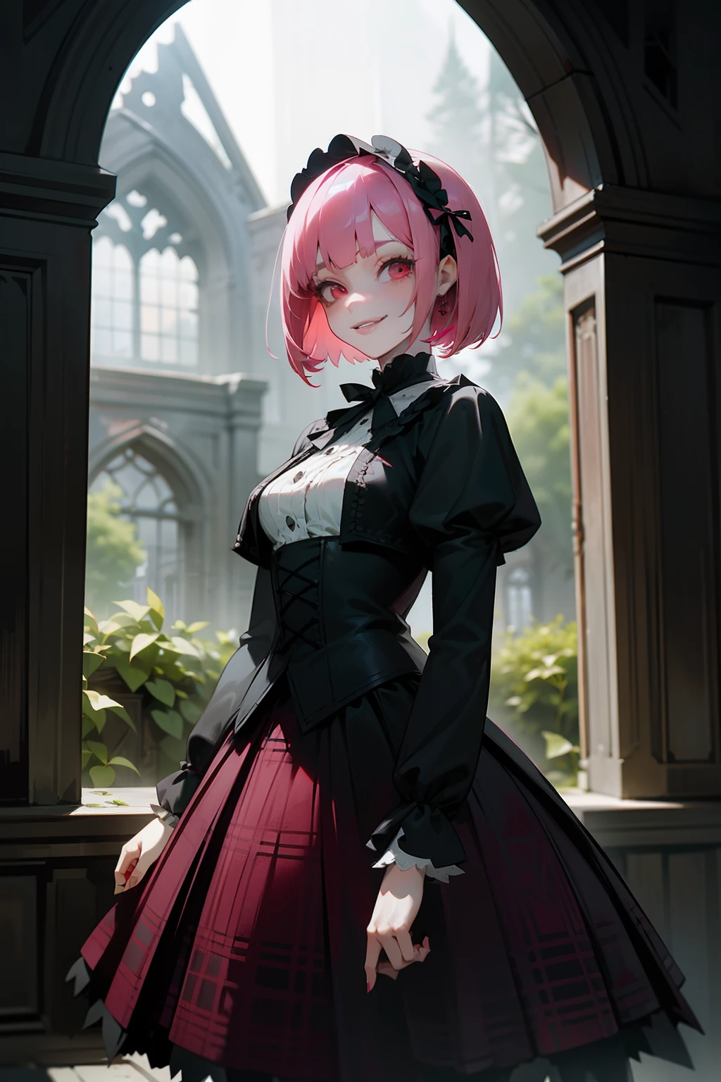girl, pink hair, bob haircut, Gothic Lolita, Gothic style, red plaid skirt, red eyes, Face of Beauty, pale skin, smiling, in a ruined mansion, ruined place, worn place, red roses in a garden in the background , dark cloudy weather, rain light, dark green filter, intense filter, secret garden tekken 5,