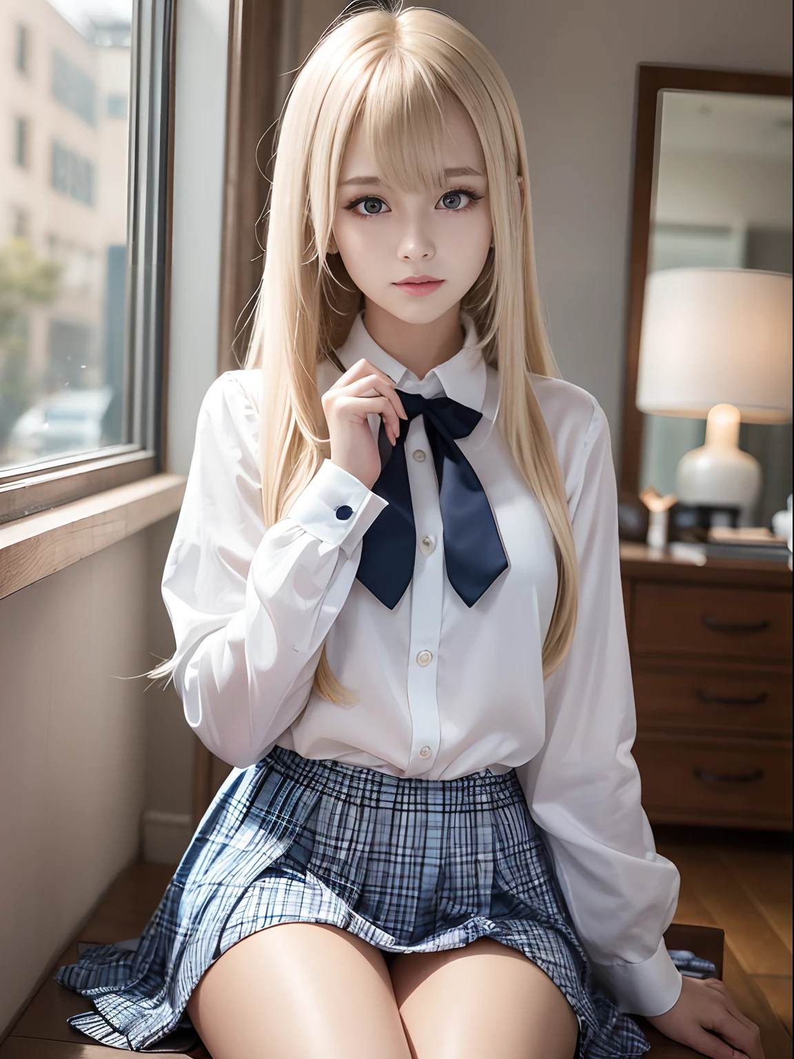 8k, beautiful blonde student, posing for school pictures, cute schoolgirl skirt, elaborate blouse, make up on face, legs spread open wide, vibrant, hyper realistic, ultra detailed, elaborate, masterpiece, highest quality