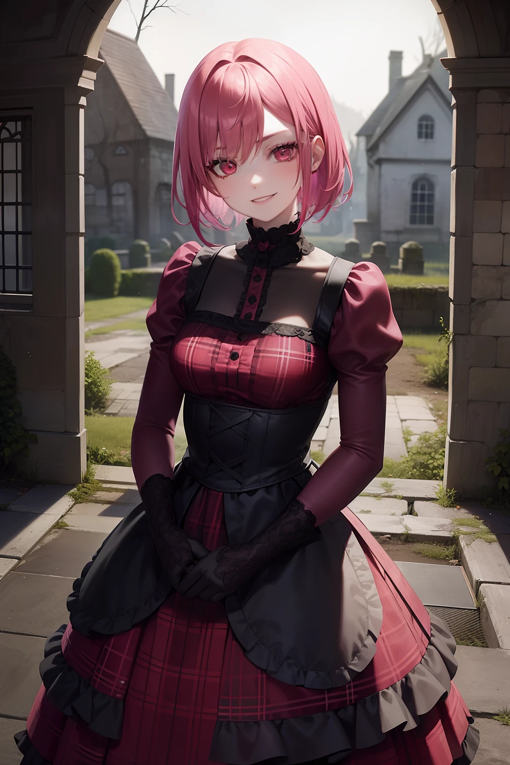 girl, pink hair, bob haircut, Gothic Lolita, Gothic style, red plaid skirt, red eyes, Face of Beauty, pale skin, smiling, in a ruined mansion, ruined place, empty, red roses in a garden in the background , dark cloudy weather, rain light, dark green filter, intense filter, secret garden tekken 5