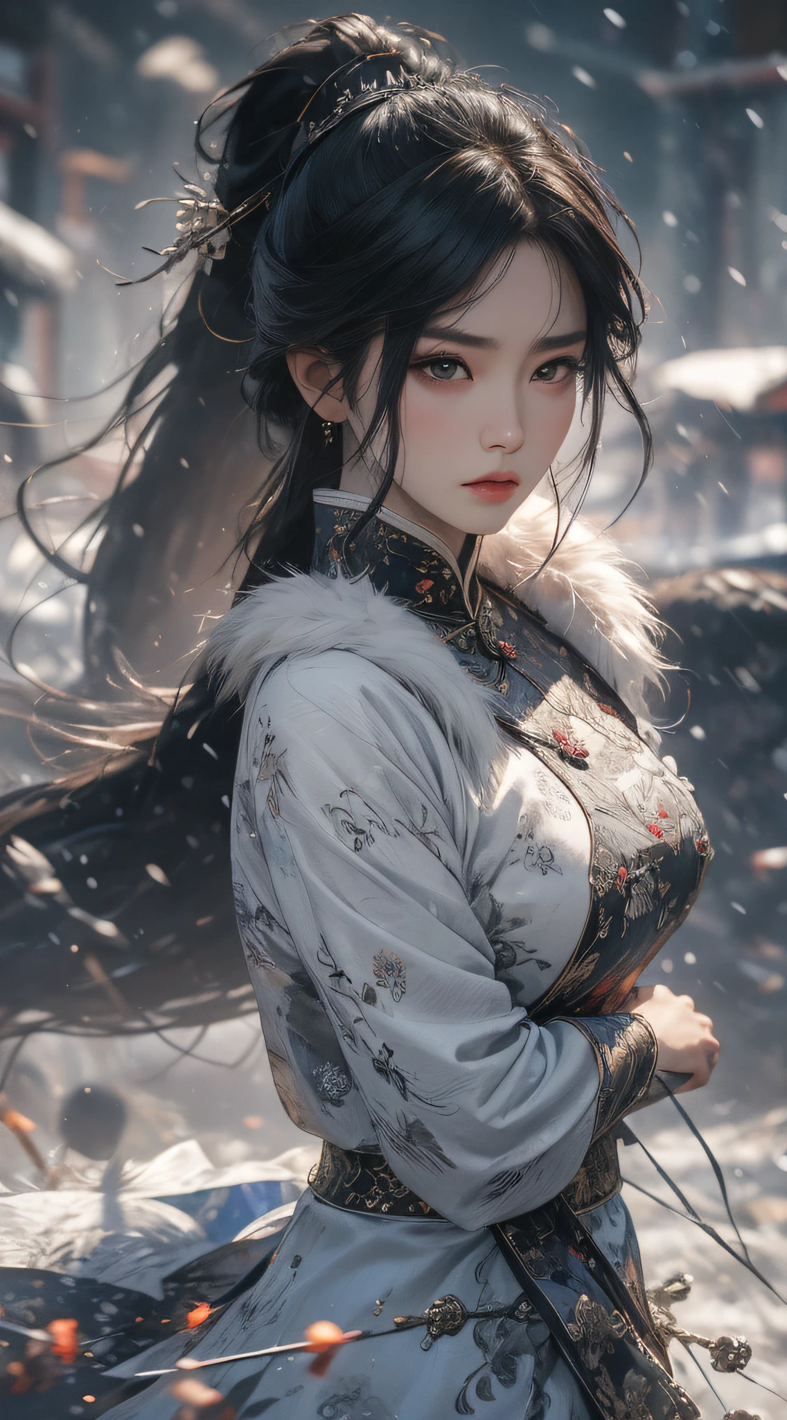 A woman holds a large knife,The knife is right in sight,Gorgeous fur collar thick Chinese dress,Angry expressions,Separate bangs,Raise an eyebrow,Ponytail hairstyle,flying stones,Surrounded by stones,fightingpose,dynamic blur,Detailed representation,8K