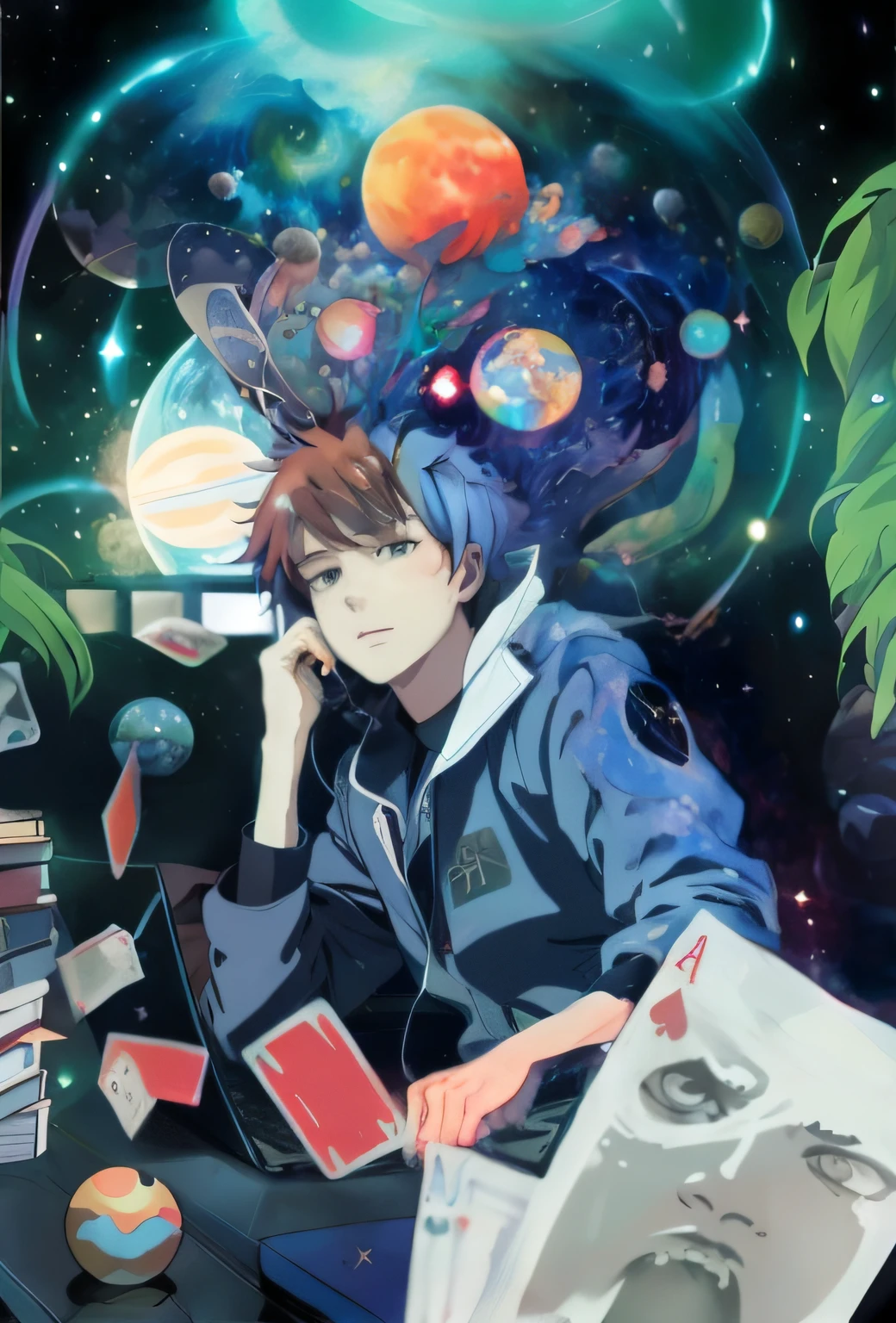 Anime - Stylistic image of a man sitting at a table holding a book and a phone, 4k manga wallpapers, style of anime4 K, dreamy psychedelic anime, Anime art wallpaper 4 K, Anime art wallpaper 4k, 4K anime wallpaper, anime wallaper, Anime boy, hd anime wallaper, Anime wallpaper 4K, Anime wallpaper 4 k