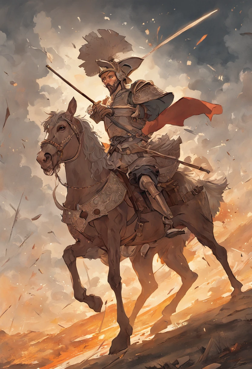 "Stunning cover in Baroque painting style depicting an epic scene of Don Quixote mounted on his horse Rocinante, wearing his rusty armor and wielding his spear. Don Quixote aparece de corpo inteiro em primeiro plano, em uma pose heroica com Rocinante empinado. Ao fundo, A field of windmills stretches to the horizon under an overcast sky. Don Quixote's face under the helmet is determined and visionary, pronto para a aventura. Uses dramatic tones, Theatrical lighting and elaborate textures, with striking brushstrokes in oil. The scene is thorough and hyper-realistic in 8K, but with a classic look of baroque painting. No errors or distortions." Tamanho: Capa de livro (7200x10800 pixels) Steps: 50 Sampler: DPM SDE Fast Denoising strength: 0.75 Upscaler: RealESRGAN