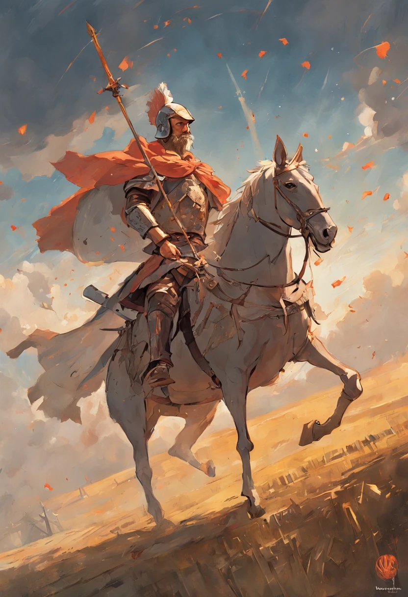 "Stunning cover in Baroque painting style depicting an epic scene of Don Quixote mounted on his horse Rocinante, wearing his rusty armor and wielding his spear. Don Quixote aparece de corpo inteiro em primeiro plano, em uma pose heroica com Rocinante empinado. Ao fundo, A field of windmills stretches to the horizon under an overcast sky. Don Quixote's face under the helmet is determined and visionary, pronto para a aventura. Uses dramatic tones, Theatrical lighting and elaborate textures, with striking brushstrokes in oil. The scene is thorough and hyper-realistic in 8K, but with a classic look of baroque painting. No errors or distortions." Tamanho: Capa de livro (7200x10800 pixels) Steps: 50 Sampler: DPM SDE Fast Denoising strength: 0.75 Upscaler: RealESRGAN