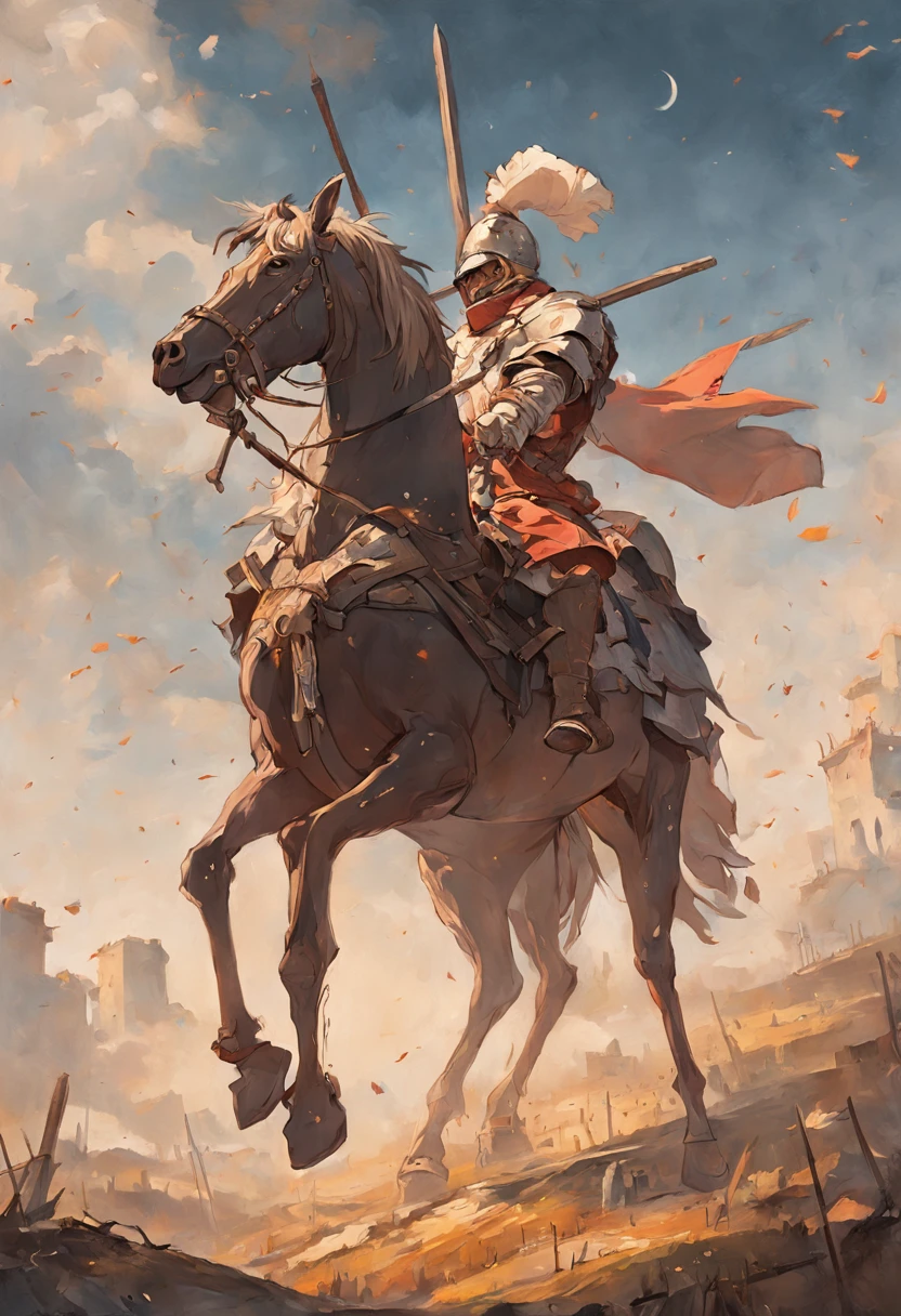 "Stunning cover in Baroque painting style depicting an epic scene of Don Quixote mounted on his horse Rocinante, wearing his rusty armor and wielding his spear. Don Quixote aparece de corpo inteiro em primeiro plano, em uma pose heroica com Rocinante empinado. Ao fundo, A field of windmills stretches to the horizon under an overcast sky. Don Quixote's face under the helmet is determined and visionary, pronto para a aventura. Uses dramatic tones, Theatrical lighting and elaborate textures, with striking brushstrokes in oil. The scene is thorough and hyper-realistic in 8K, but with a classic look of baroque painting. No errors or distortions." Tamanho: Capa de livro (7200x10800 pixels) Steps: 50 Sampler: DPM SDE Fast Denoising strength: 0.75 Upscaler: RealESRGAN
