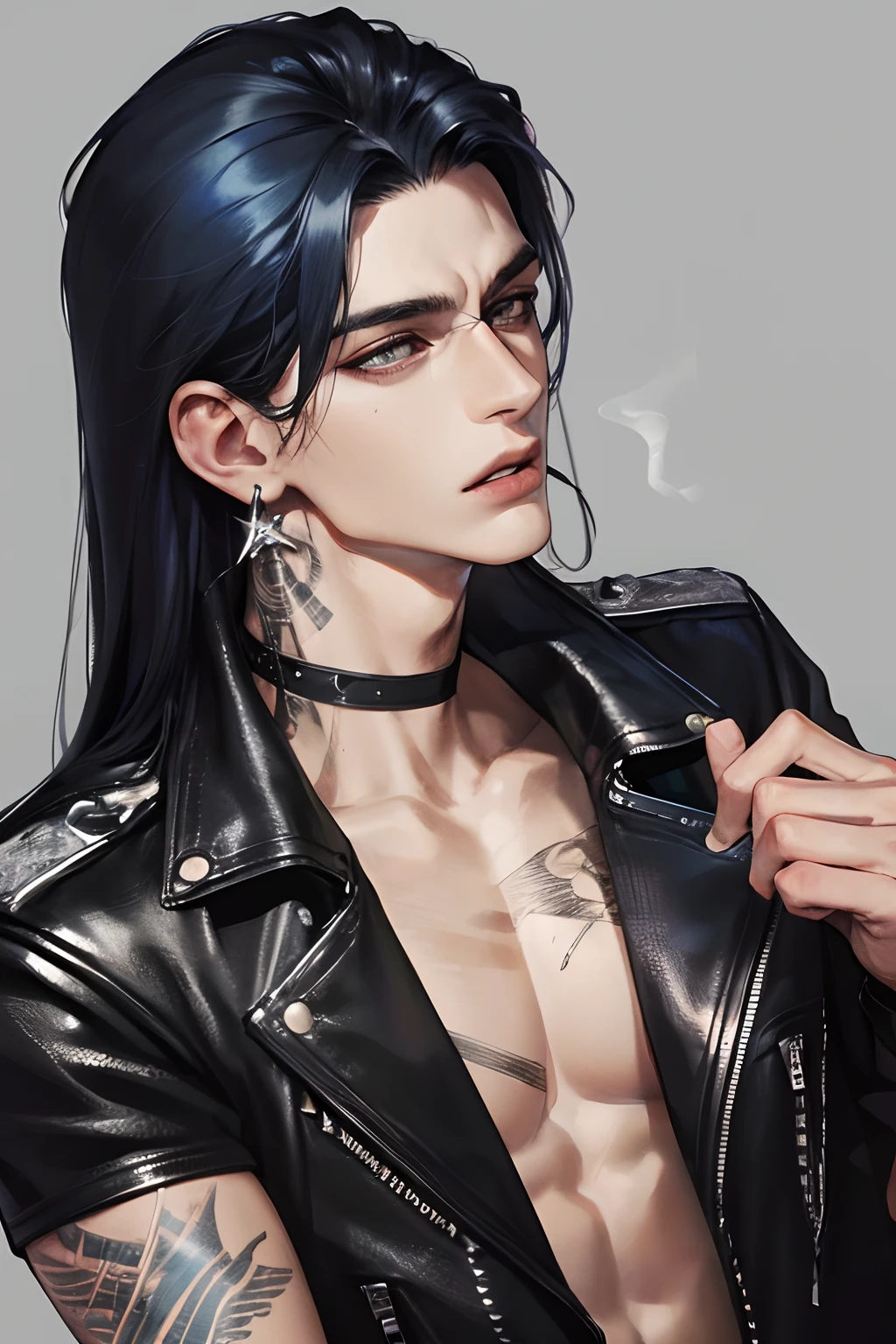 A young white male, punk rock style, long black hair, green eyes, piercings, goth, eyeliner