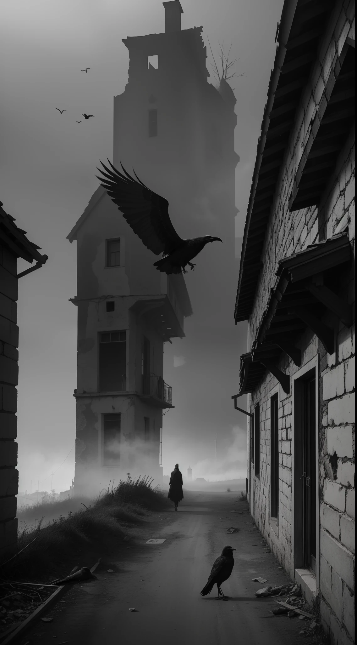 A dark black and white depiction of the Black Death, retratando uma rua deserta em uma cidade medieval. The houses are closed and abandoned, while a lone crow lands on an eaves, simbolizando a morte iminente. Mist hangs in the air, evoking an atmosphere of mystery and desolation.