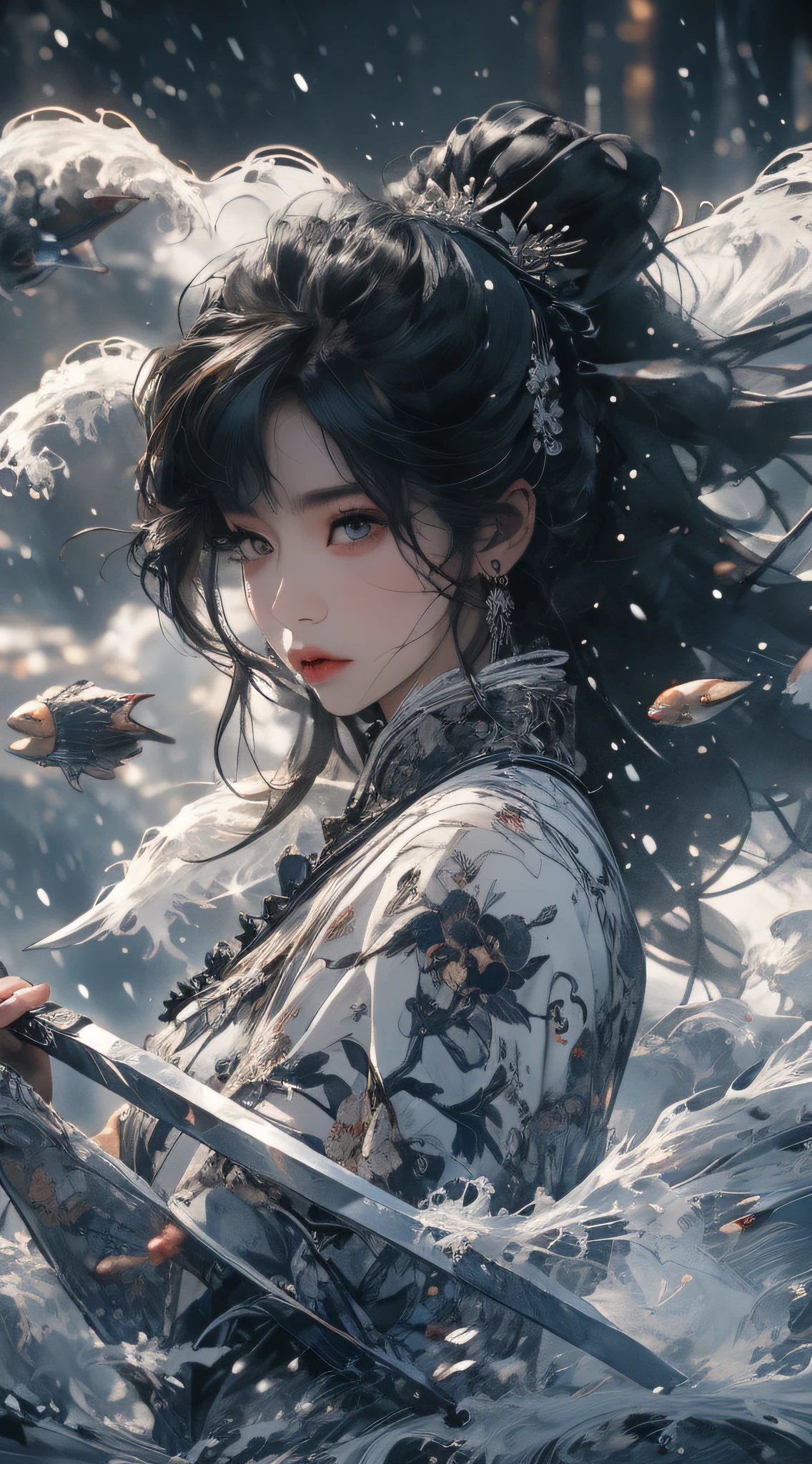 A woman holds a large knife，The knife is right in sight，Gorgeous fur collar thick Chinese dress，Angry expressions，Separate bangs，Raise an eyebrow，Ponytail hairstyle，flying stones，Surrounded by stones，fightingpose，dynamic blur，Detailed representation，8K