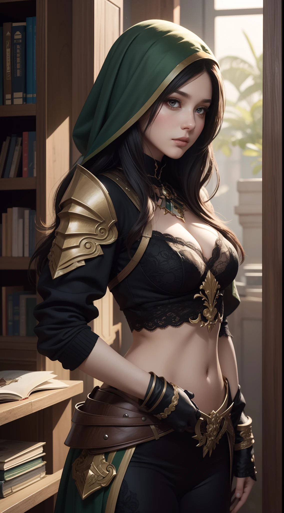 uma personagem feminina na mesma armadura com cabelos ruivos e olhos verdes, No estilo de Unreal Engine, corpo inteiro, sombreamento suave, beautiful and loving illustrations in a consistent style for children's books