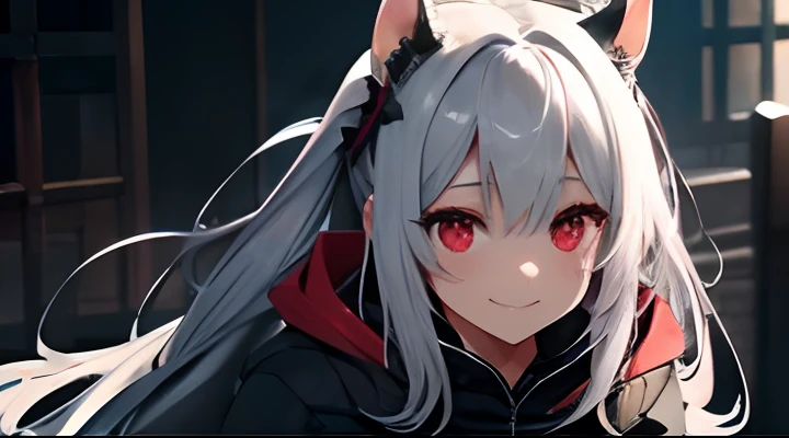 poneyTail、Silvery hair、red eyes、Dark Fantasy、Upscaling、A smile、hoods