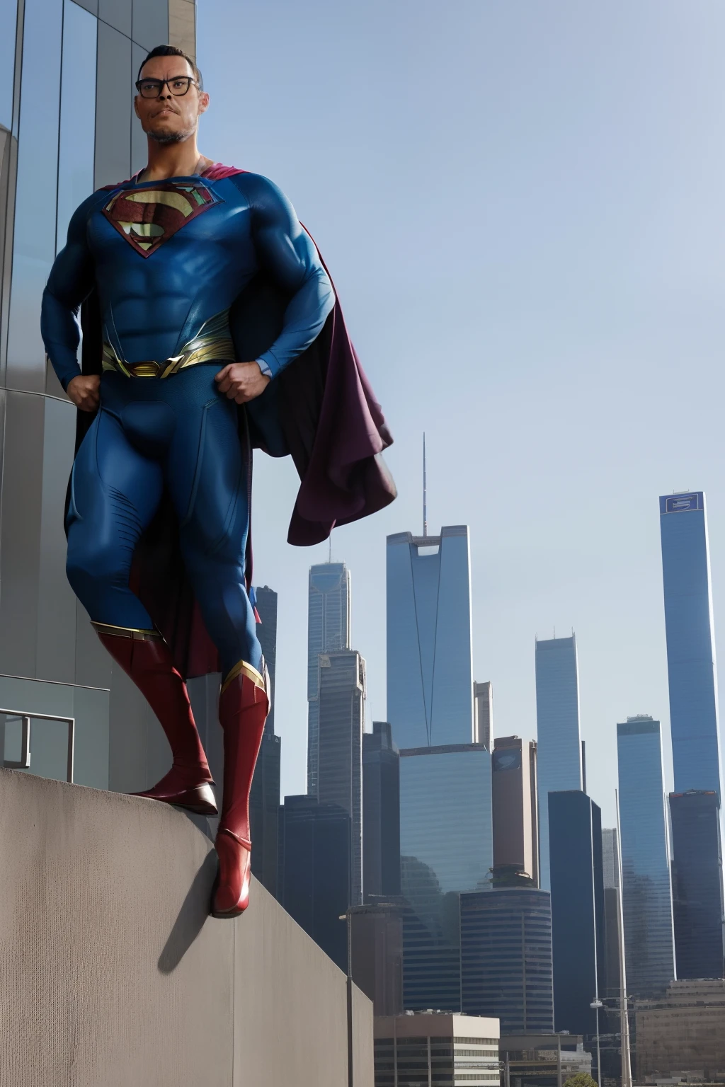 guttonerdvision13, Full body photograph of a bespectacled man wearing the uniform of Superman from "Man of Steel", (detalhes intrincados:1.3), (rosto detalhado:1.3), flying next to tall buildings of a futuristic city, uhd