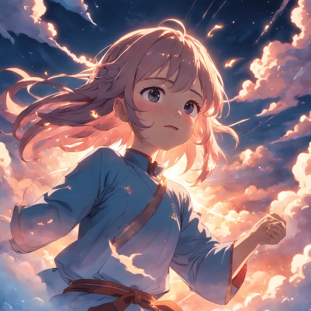 masterpiece, best quality, movie still, 1girl, cloud girl, floating in the sky, close-up, bright, happy, warm soft lighting, sunset, (sparks:0.7)