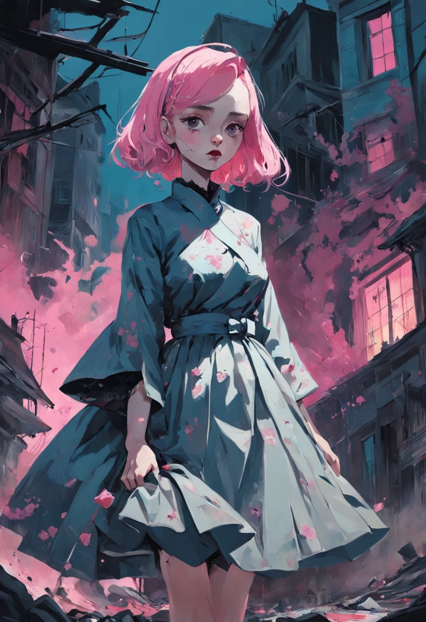 A woman dressed like in the 50's, with a pink handbag. 50s aesthetic. 90s aesthetic. In the style of Adrian Ghenie, Esao Andrews, Jenny Saville, Edward Hopper, surrealism, Dark Art par James Jean, Takato Yamamoto, Minimalisme inkpunk. Tim Burton. In the style of Corpse Bride.