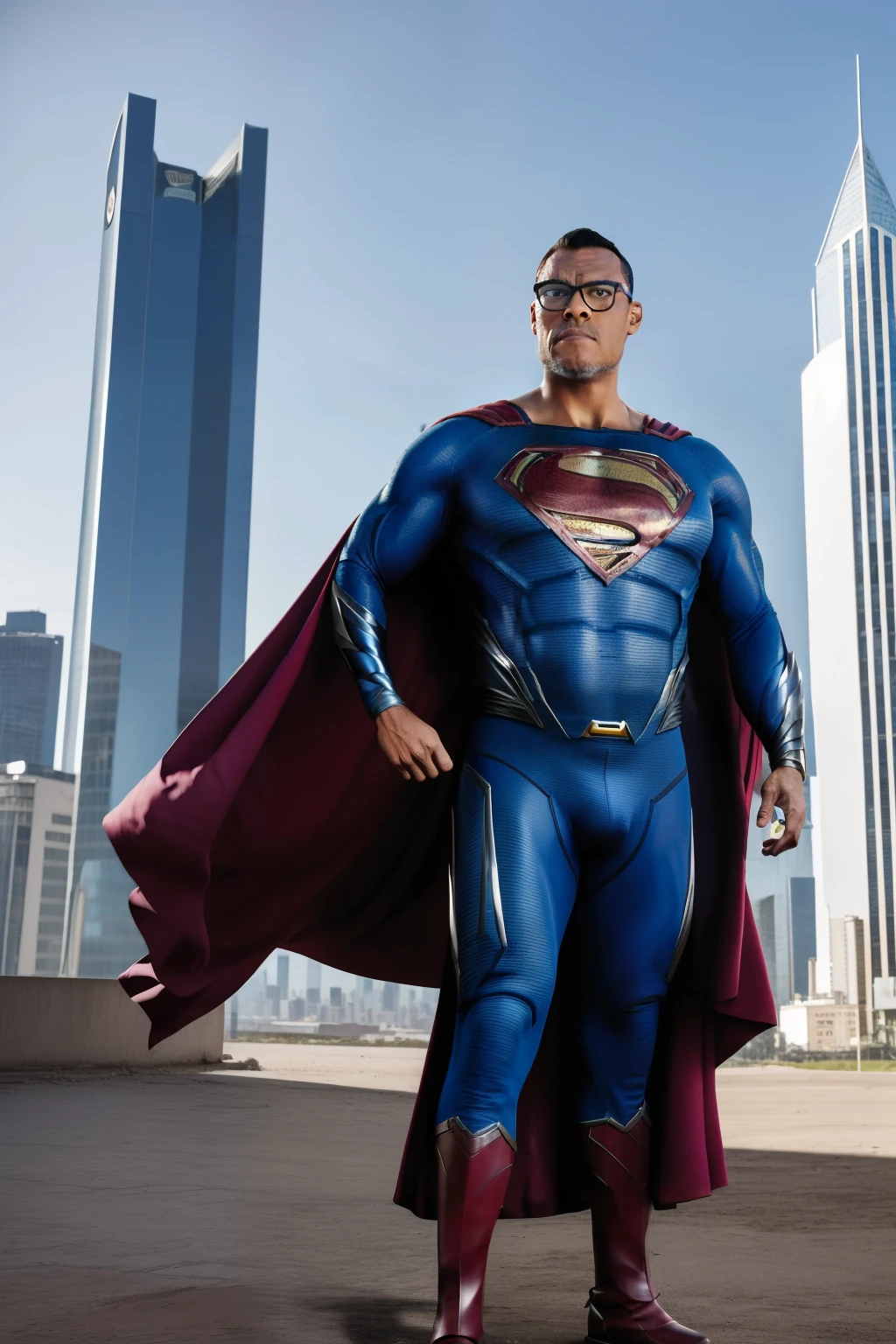 guttonerdvision13, Full body photograph of a bespectacled man wearing the uniform of Superman from "Man of Steel", (detalhes intrincados:1.3), (rosto detalhado:1.3), flying next to tall buildings of a futuristic city, uhd