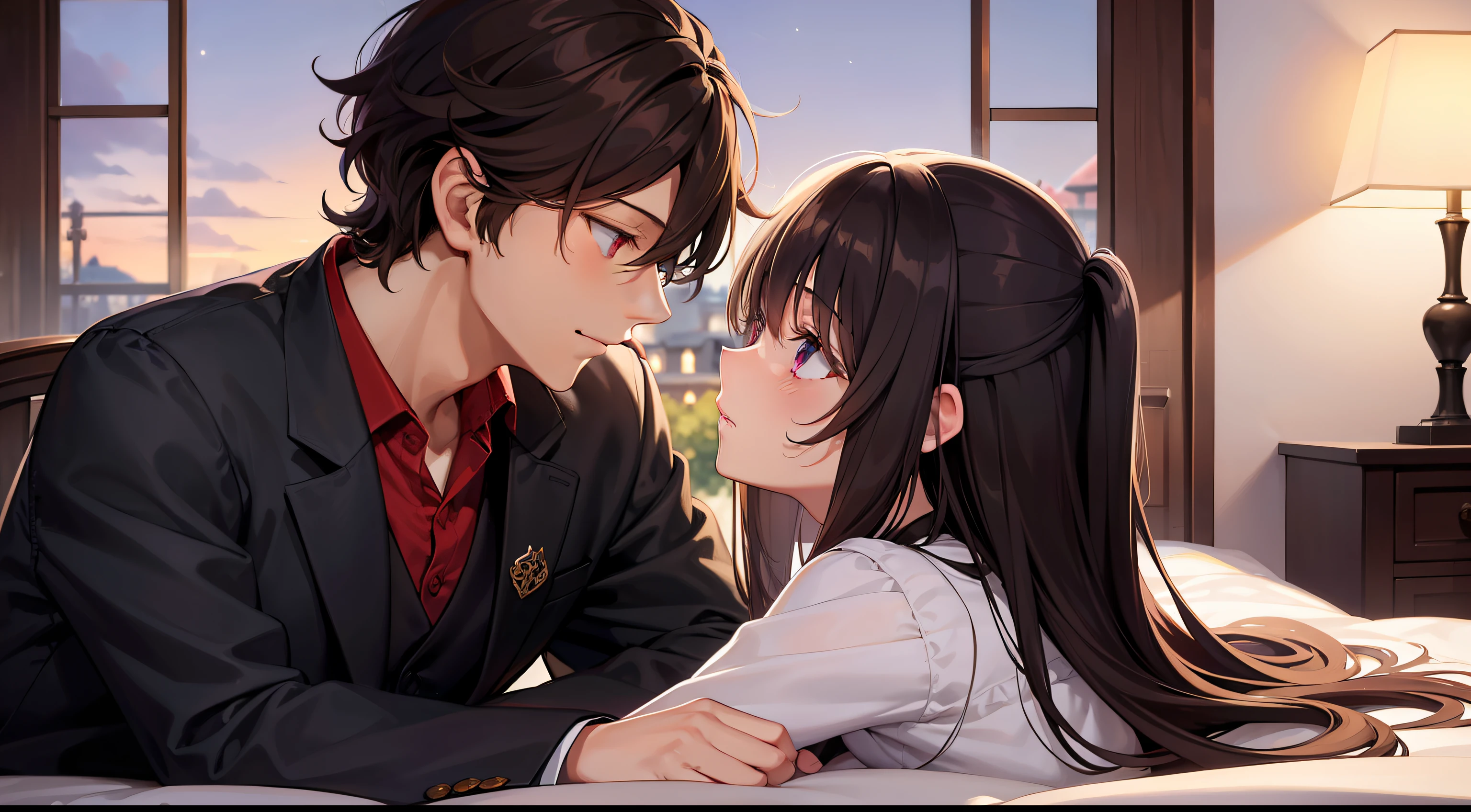 styles, masterpiece, top-quality, Special details, illustratio, Romance, a couple,tenderness, inner strength,a bed,natta, At night,Atmosphere of love bliss, Girl brown hair, Purple eyes, poneyTail, a couple, date, Profile of a man with black hair,Red eyes,