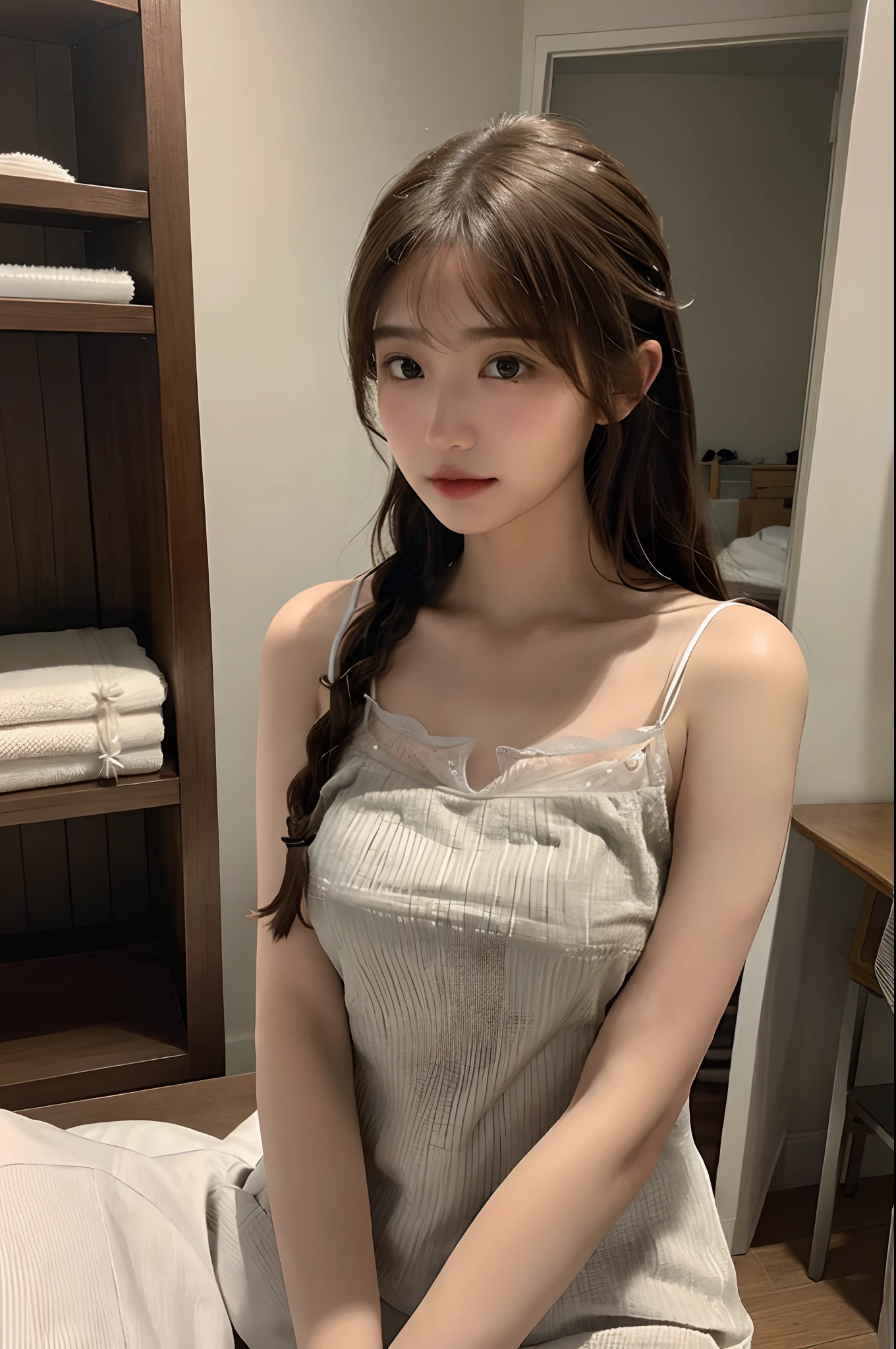 (frombelow:1.4)、((1girl in)),Light Brown Fringe Hair、Braided hair、disheveled hair、Light brown eyes、(dignified expression)、(爆乳:1.4)、Emphasize the valley、fittingroom、(Photorealsitic)、(intricate detailes:1.2)、(​masterpiece、:1.3)、(top-quality:1.4)、(超A high resolution:1.2)、超A high resolution、(A detailed eye)、(Camisole:1.4)