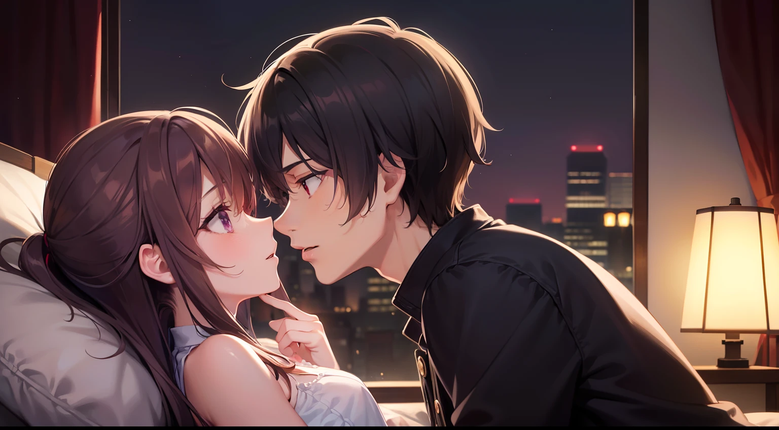 styles, masterpiece, top-quality, Special details, illustratio, Romance, a couple,tenderness, inner strength,a bed,natta, At night,Atmosphere of love bliss, Girl brown hair, Purple eyes, poneyTail, a couple, date, Profile of a man with black hair,Red eyes,