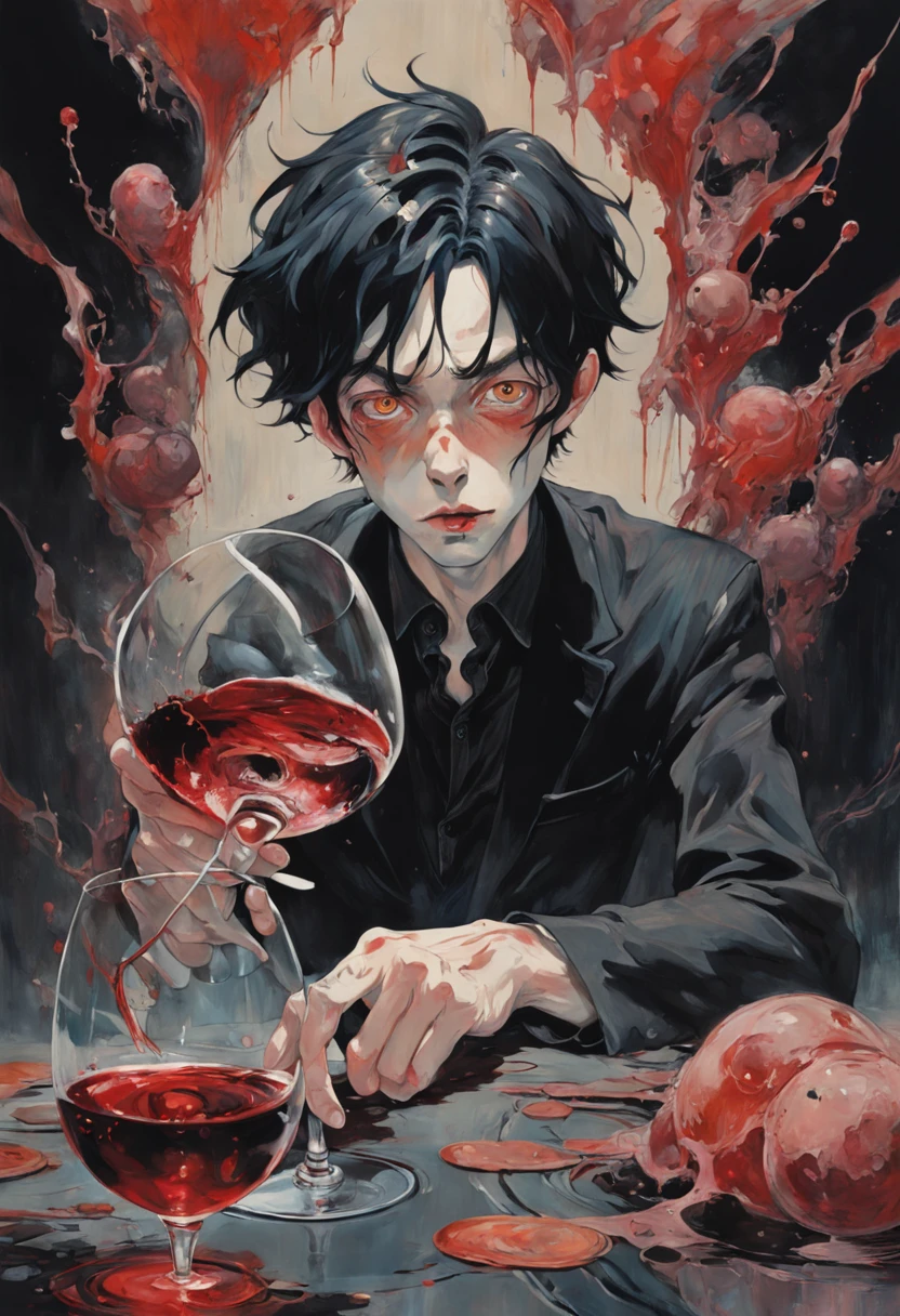 Un homme buvant un verre de vin. In the style of Adrian Ghenie, Esao Andrews, Jenny Saville, Edward Hopper, surrealism, Dark Art par James Jean, Takato Yamamoto, Minimalisme inkpunk. Tim Burton.