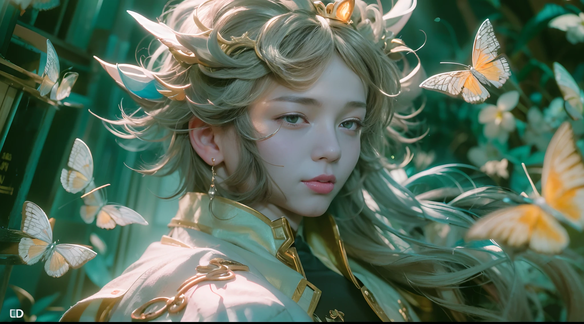 1boy, photo of very very handsome suave smiling young 25-year-old male Chinese prince, clothed in futuristic cybernetic armor, wearing a large futuristic crown, walking in a lush flower garden with many neon glowing butterflies, sci-fi, intricate, neon light, ((perfect face)), ((perfect hands)), ((perfect body)), ((correct anatomy)), ((ultra-realistic)), ((8k, UHD)), highly detailed, digital painting, artstation, concept art, human anatomy, soft light, smooth, illustration, art by tian zi and craig mullins and WLOP and alphonse mucha