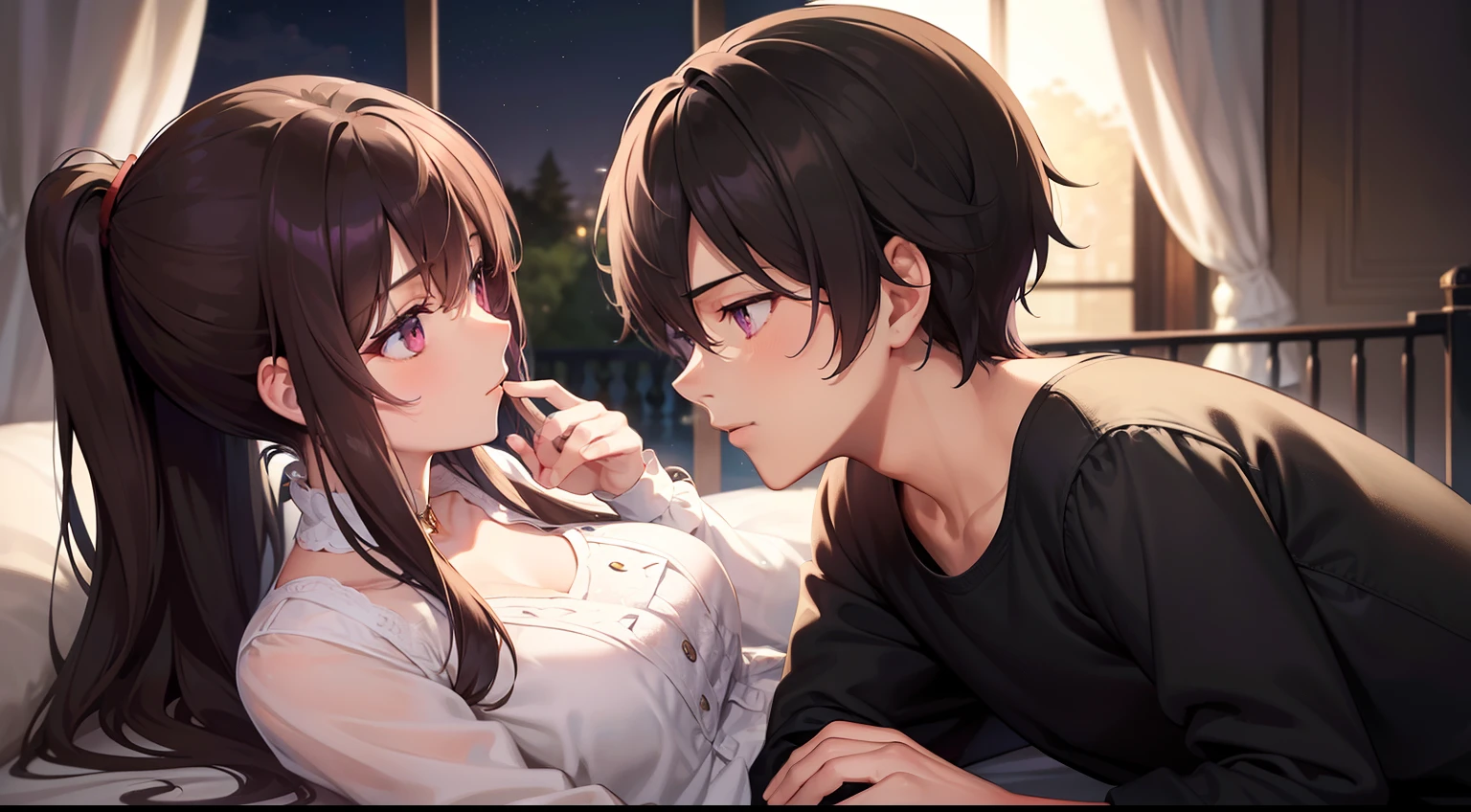 styles, masterpiece, top-quality, Special details, illustratio, Romance, a couple,tenderness, inner strength,a bed,natta, At night,Atmosphere of love bliss, Girl brown hair, Purple eyes, poneyTail, a couple, date, Profile of a man with black hair,Red eyes,