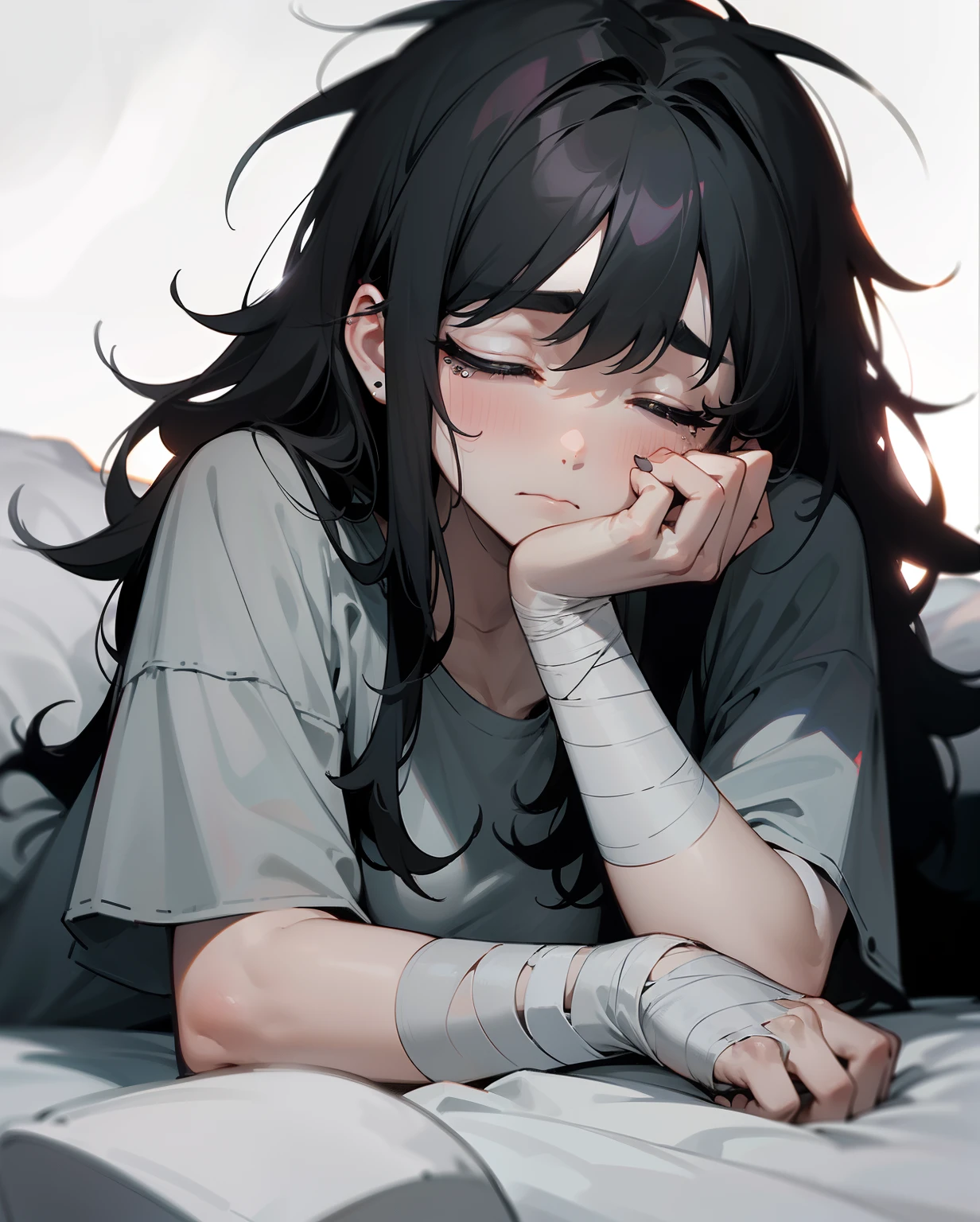 Best quality, volumetric lighting, cool ambient lighting, masterpiece, ultra high res, 4k, (soft round detailed face), lying down in a hospital bed, closed eyes, (sad expression), bags under eyes, dark circles under eyes, thick eyebrows, sick, underfed, malnourished, dying, hopeless, crying, (bandaged arms), (thin body), (very pale light skin), detailed black hair, ((long messy greasy hair)), (grey pyjama t shirt), black ear studs, black nail varnish, unwashed, unkempt, disheveled, (flowers), teddy bear