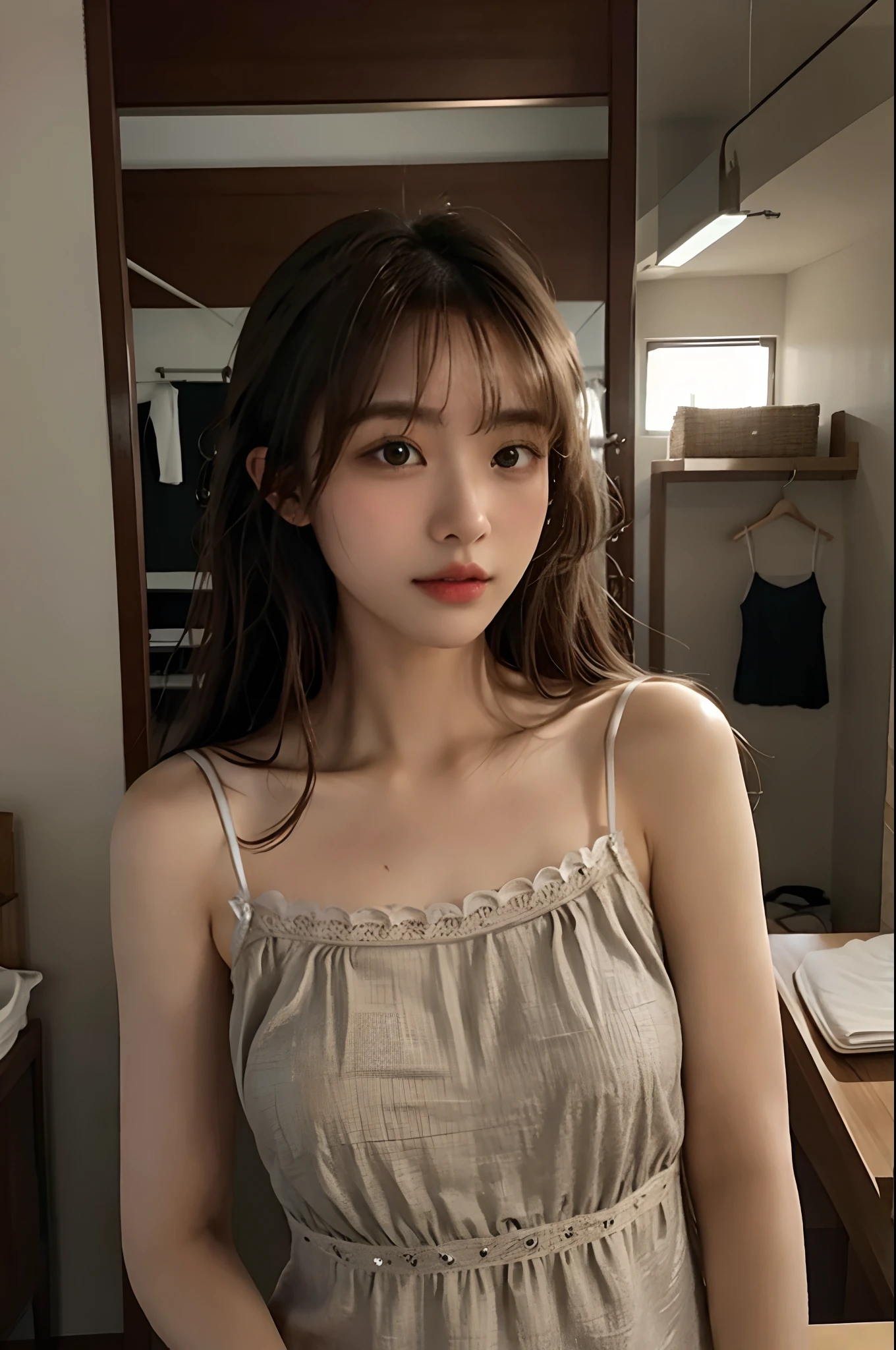 (frombelow:1.4)、((1girl in)),Light Brown Fringe Hair、Braided hair、disheveled hair、Light brown eyes、(dignified expression)、(爆乳:1.4)、Emphasize the valley、fittingroom、(Photorealsitic)、(intricate detailes:1.2)、(masterpiece、:1.3)、(top-quality:1.4)、(超A high resolution:1.2)、超A high resolution、(A detailed eye)、(Camisole:1.4)