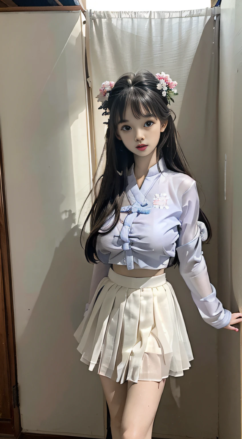 Master quality, highest quality, best picture quality, exaggerated details, a princess cute 8 yeal old, she is maturbate,(long hair / very, very exaggerated big breasts, big tits, in/open v hanfu transparent fabric, short skirt), in xiaxia hanfu, lace silk