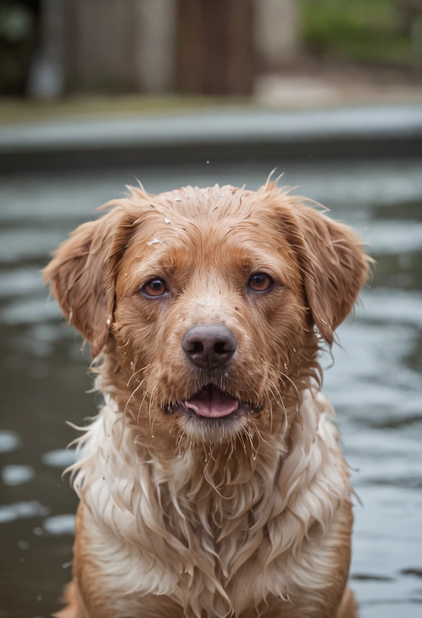 In the image in high resolution and high definition, We can see an adorable wet dog after his bath. It is in a bright and spacious environment, onde a luz do sol entra pelas janelas, highlighting the drops of water that still cover your soft coat. The dog is standing on a shiny tiled surface, and their paws are delicately resting on the edges of a fuzzy carpet. Com um olhar animado e orelhas levantadas, The dog swings its body from side to side, in a funny attempt to get rid of the remaining water drops. Some droplets are in the air, capturando o movimento do cachorro no momento exato em que ele abana o corpo. Their happy expression and trembling action perfectly capture the infectious joy and playful spirit of the dogs after a refreshing bath