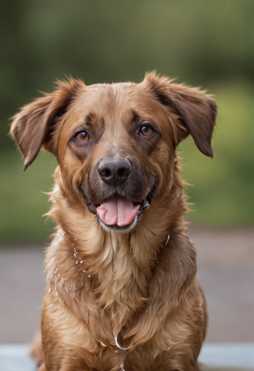 In the image in high resolution and high definition, We can see an adorable wet dog after his bath. It is in a bright and spacious environment, onde a luz do sol entra pelas janelas, highlighting the drops of water that still cover your soft coat. The dog is standing on a shiny tiled surface, and their paws are delicately resting on the edges of a fuzzy carpet. Com um olhar animado e orelhas levantadas, The dog swings its body from side to side, in a funny attempt to get rid of the remaining water drops. Some droplets are in the air, capturando o movimento do cachorro no momento exato em que ele abana o corpo. Their happy expression and trembling action perfectly capture the infectious joy and playful spirit of the dogs after a refreshing bath
