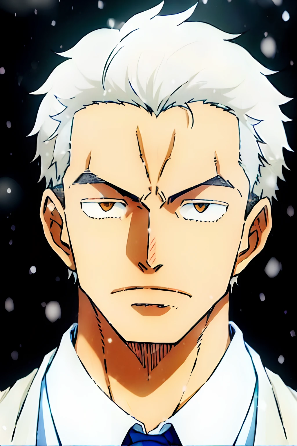 "(retrato:1.5) A gorgeous high-resolution 2D portrait of a 25-year-old man with short hair in a snow-white style, olhos azuis penetrantes, um cavanhaque ralo e um corpo imponente e expressivo vestindo um elegante terno vermelho