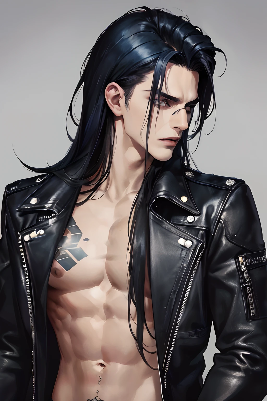 photography of a heavy metal star, a solo man, 25 years old, singer, bad boy, black eyes, expressive look, long dark blue black hair, straight hair, blueshine hair, unshaven, black leather jacket, leather pants, chest tattoo, super detailed face, perfect body, perfect shapes, realistic image, award winning photography, 8k,