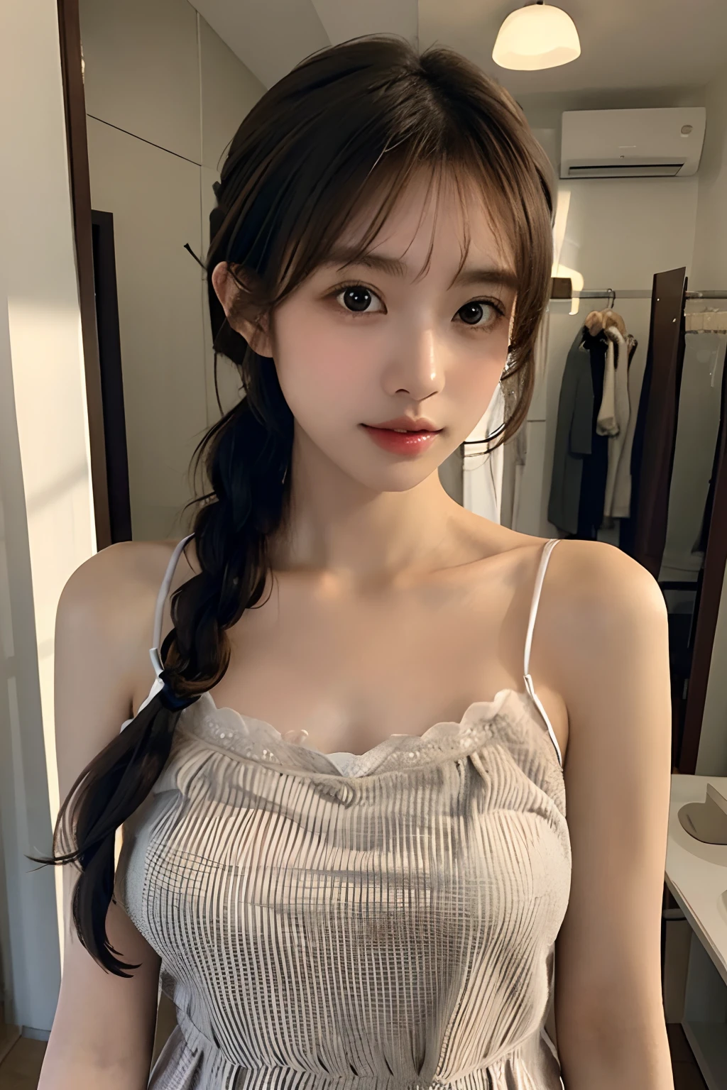 (frombelow:1.4)、((1girl in)),Light Brown Fringe Hair、Braided hair、disheveled hair、Light brown eyes、(dignified expression)、(爆乳:1.4)、Emphasize the valley、fittingroom、(Photorealsitic)、(intricate detailes:1.2)、(masterpiece、:1.3)、(top-quality:1.4)、(超A high resolution:1.2)、超A high resolution、(A detailed eye)、(camisole:1.4)