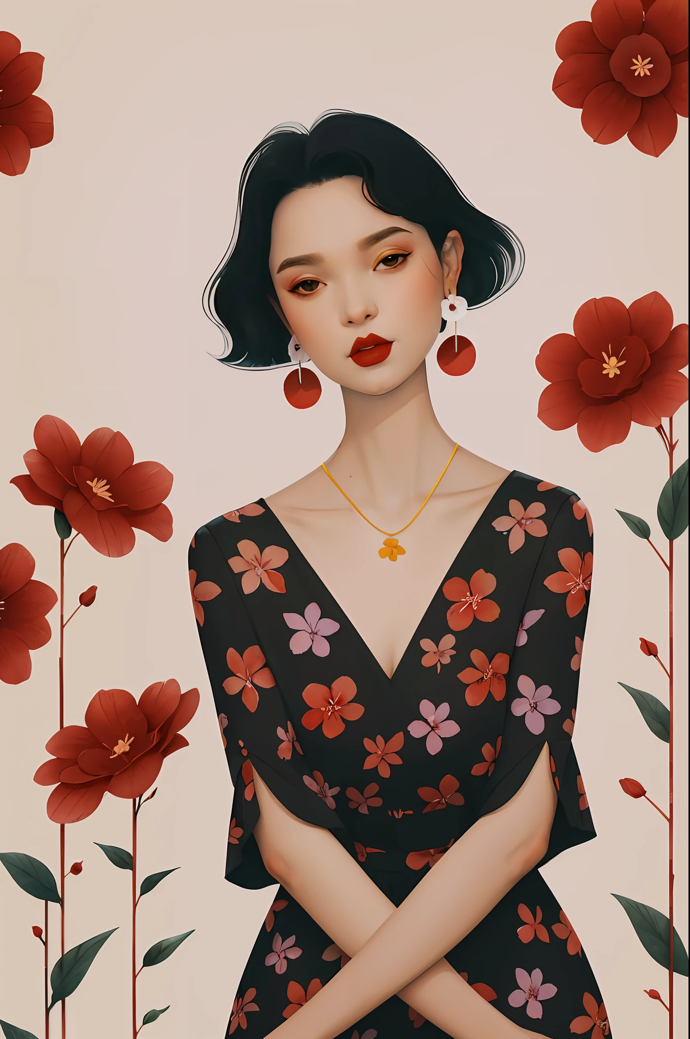 2d, pastel color, watercolor, lineart, ankymoore, 1girl, solo, short hair, simple background, black hair, dress, jewelry, upper body, flower, earrings, black eyes, black dress, makeup, floral print, lipstick, red flower, brown background, red lips, print dress, tan background
