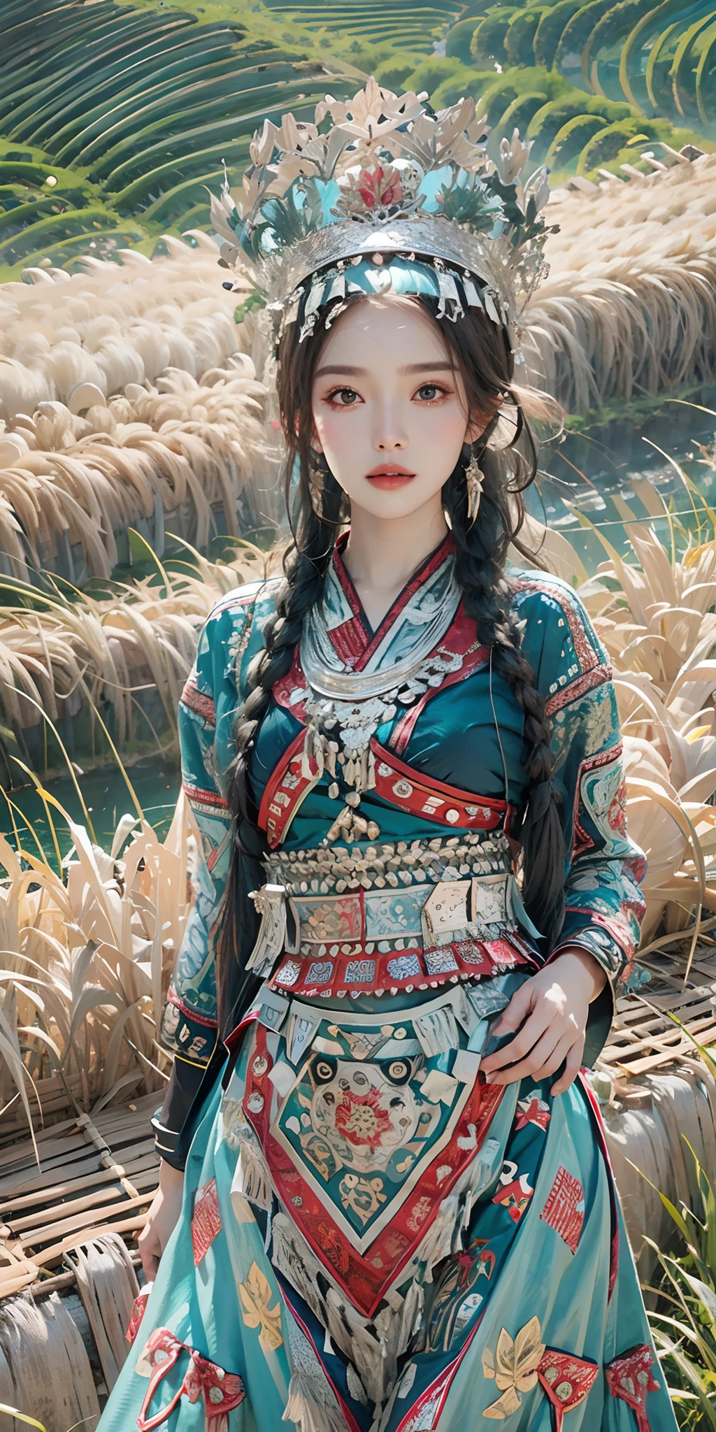 photorealistic, high resolution, soft light,1women, solo, hips up, shining skin, (detailed face), plateau,blue sky,rice fields,extreme detailed,torogao, hmong clothes, crown