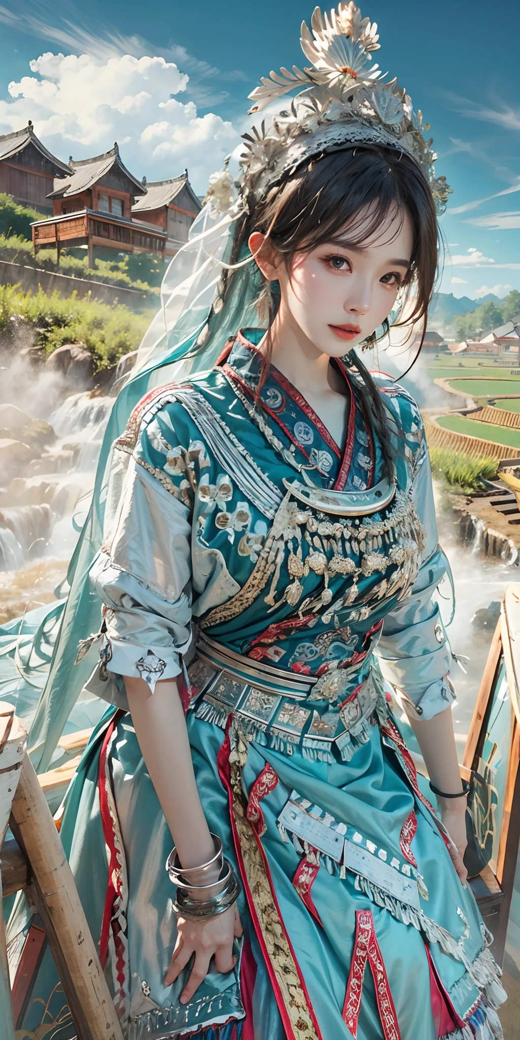 photorealistic, high resolution, soft light,1women, solo, hips up, shining skin, (detailed face), plateau,blue sky,rice fields,extreme detailed,torogao, hmong clothes, crown