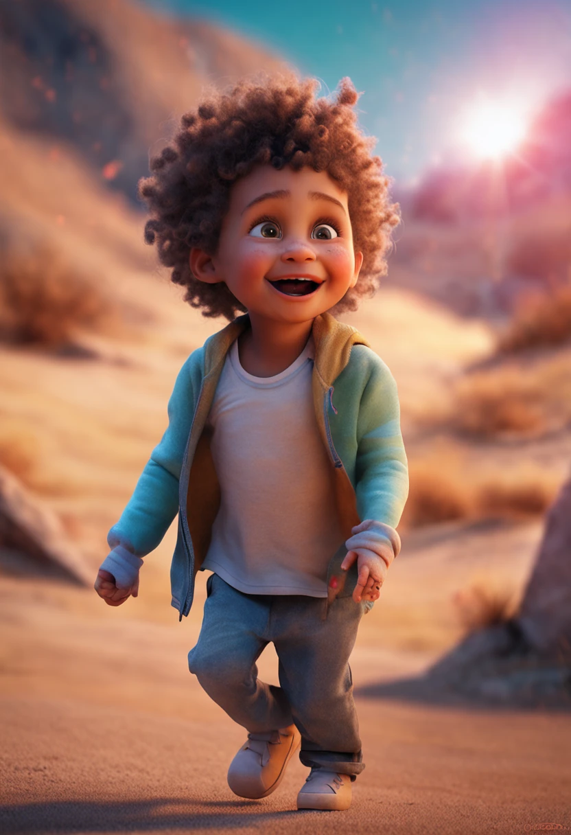 A detailed image of a happy, laughing child with open eye, white child, 8k definition, photorealistic rendering, rich colors, using Cinema 4D.