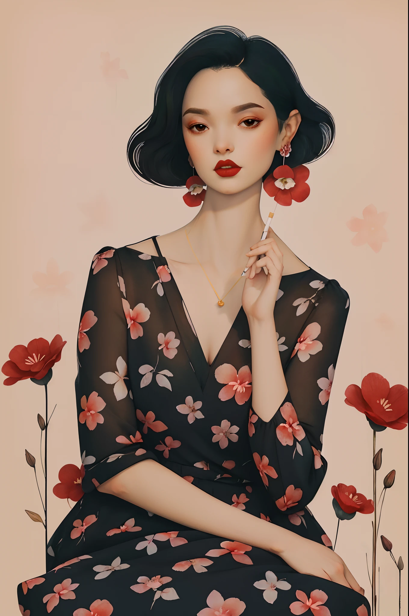 2d, pastel color, watercolor, lineart, ankymoore, 1girl, solo, short hair, simple background, black hair, dress, jewelry, upper body, flower, earrings, black eyes, black dress, makeup, floral print, lipstick, red flower, brown background, red lips, print dress, tan background