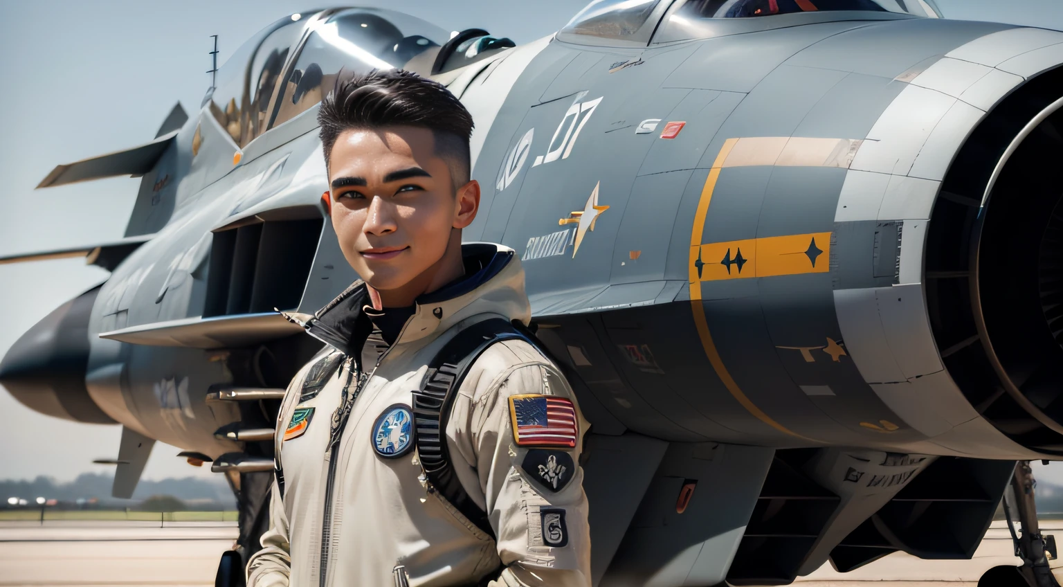 Homem branco, americano, uma foto detalhada, (rosto detalhado), (olhos perfeitos), (pele altamente detalhada: 16.9), (sorrindo: 16.9), corpo magro, ((dressed as a jet fighter pilot)) , fotografia de moda, soft-lighting, fotorrealista, realista, ensolarado, standing in front of an Air Force jet fighter background, fundo desfocado, Volumetric mist, RAW, analogue, foco nítido, 8k, alta resolução, DSLR, de alta qualidade, Fujifilm XT3, grain of film, premiado