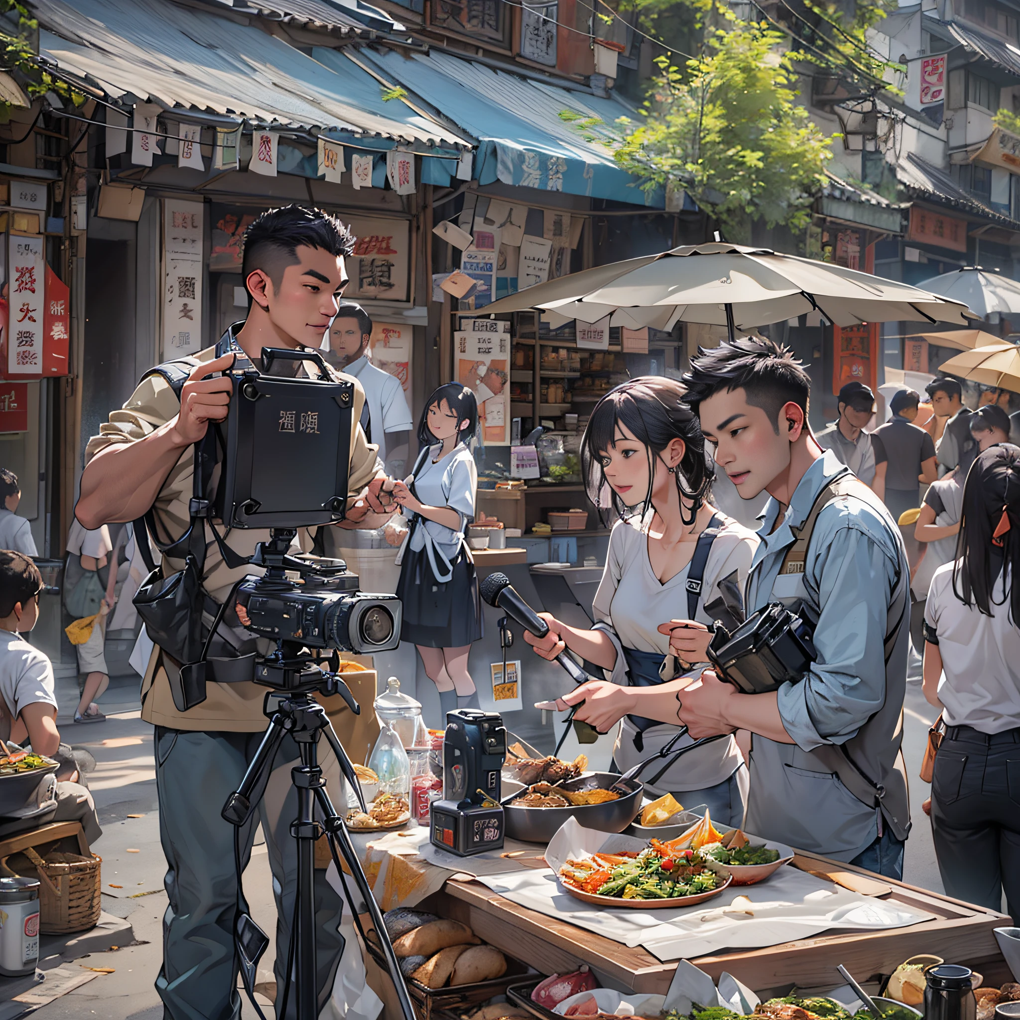 A sunny morning, the Challenge Kunxian production team is busy setting up filming equipment on the food street. The camera focuses on special guest Yang Feiyue, whose stylish outfit and confident smile are impressive. Yang Feiyue holds a microphone and, accompanied by the production crew, swiftly moves through the street in search of the most delicious food. ,in the style of the stars art group xing xing, 32k, best quality, masterpiece, super detail, high details,