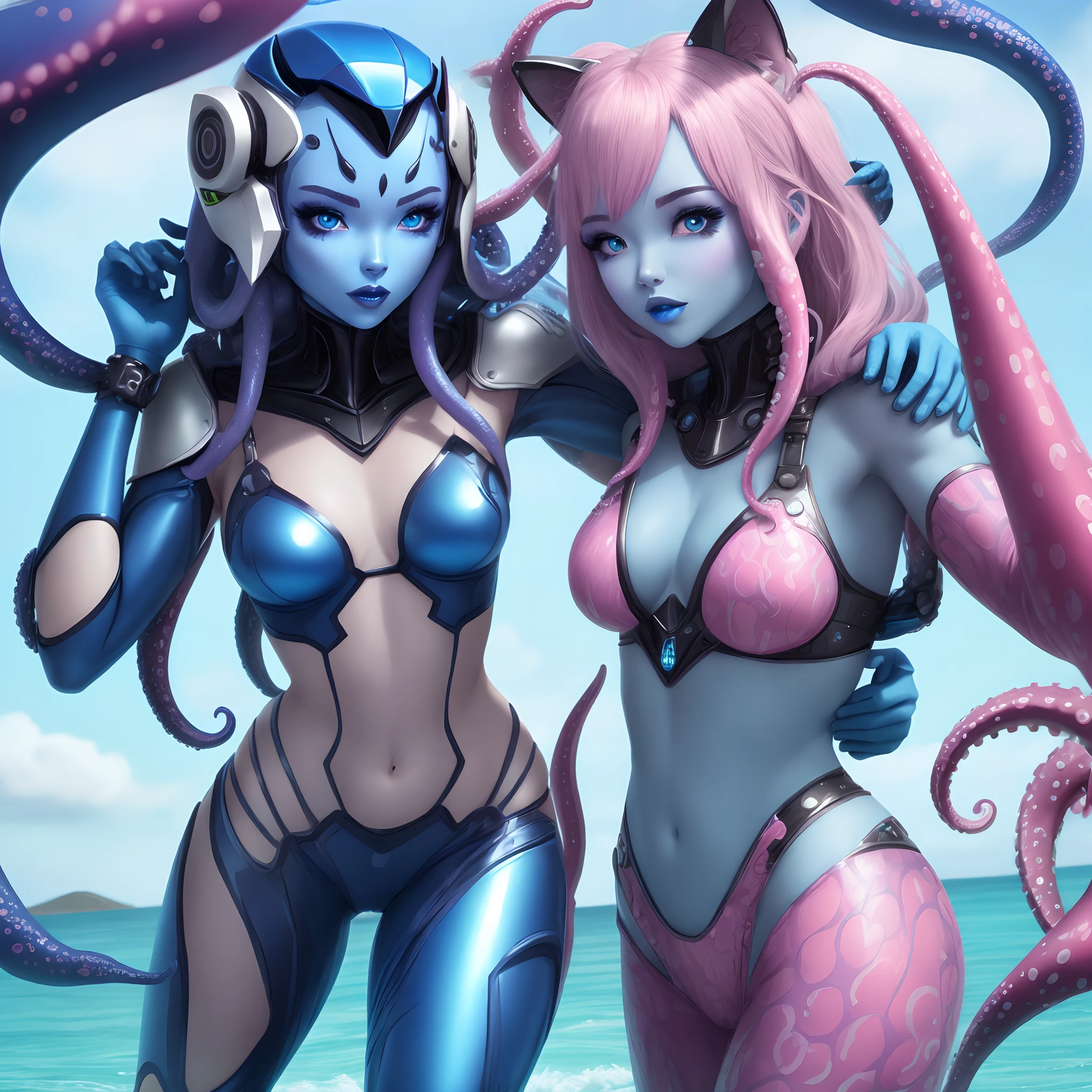 Transformer humanoide feminino,metallic blue skin,with pink tentacles