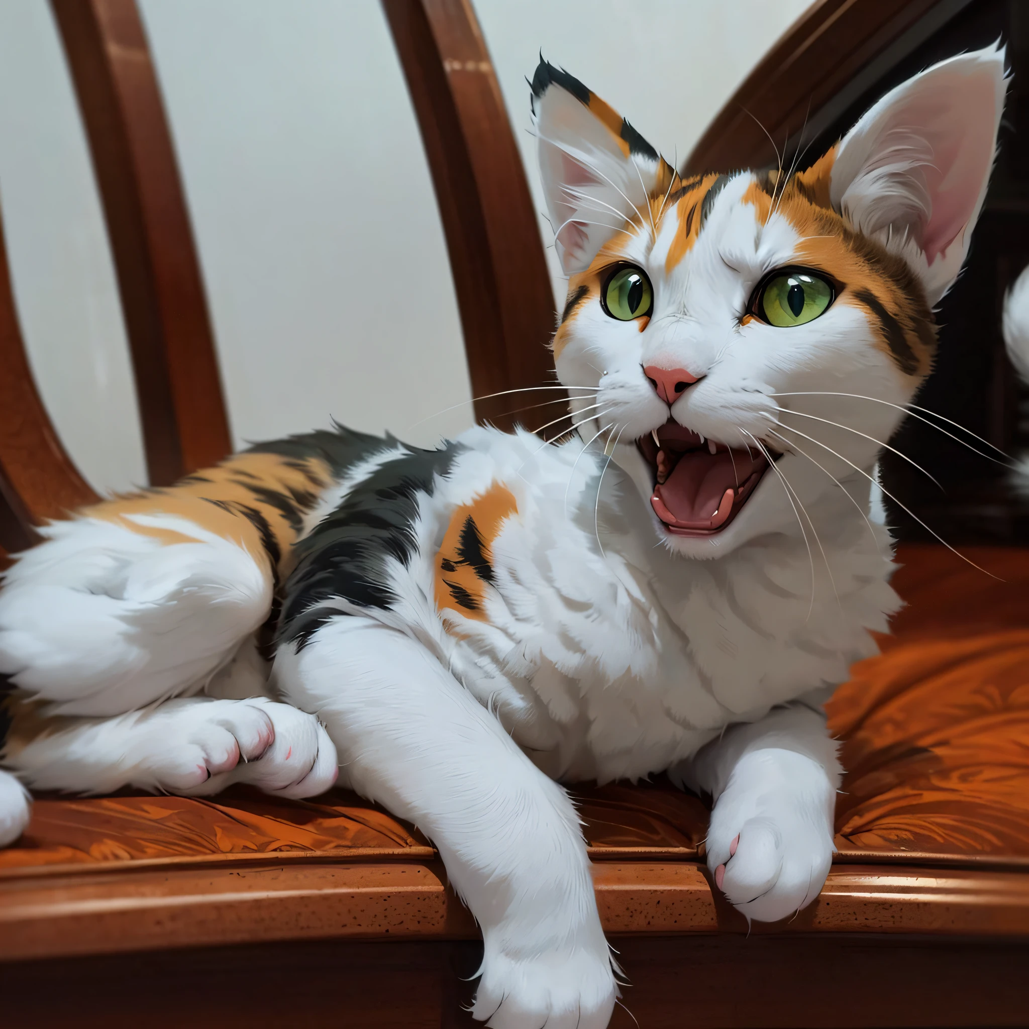 there is a cat that is sitting on a chair with its mouth open, cat female with a whit and chest, calico cat, calico, awesome cat, she has a cute expressive face, taken with sony alpha 9, cute furry needs your help, yawning, funny cat, mischievous!!, sneering at the camera, shocked, very excited, shocked look